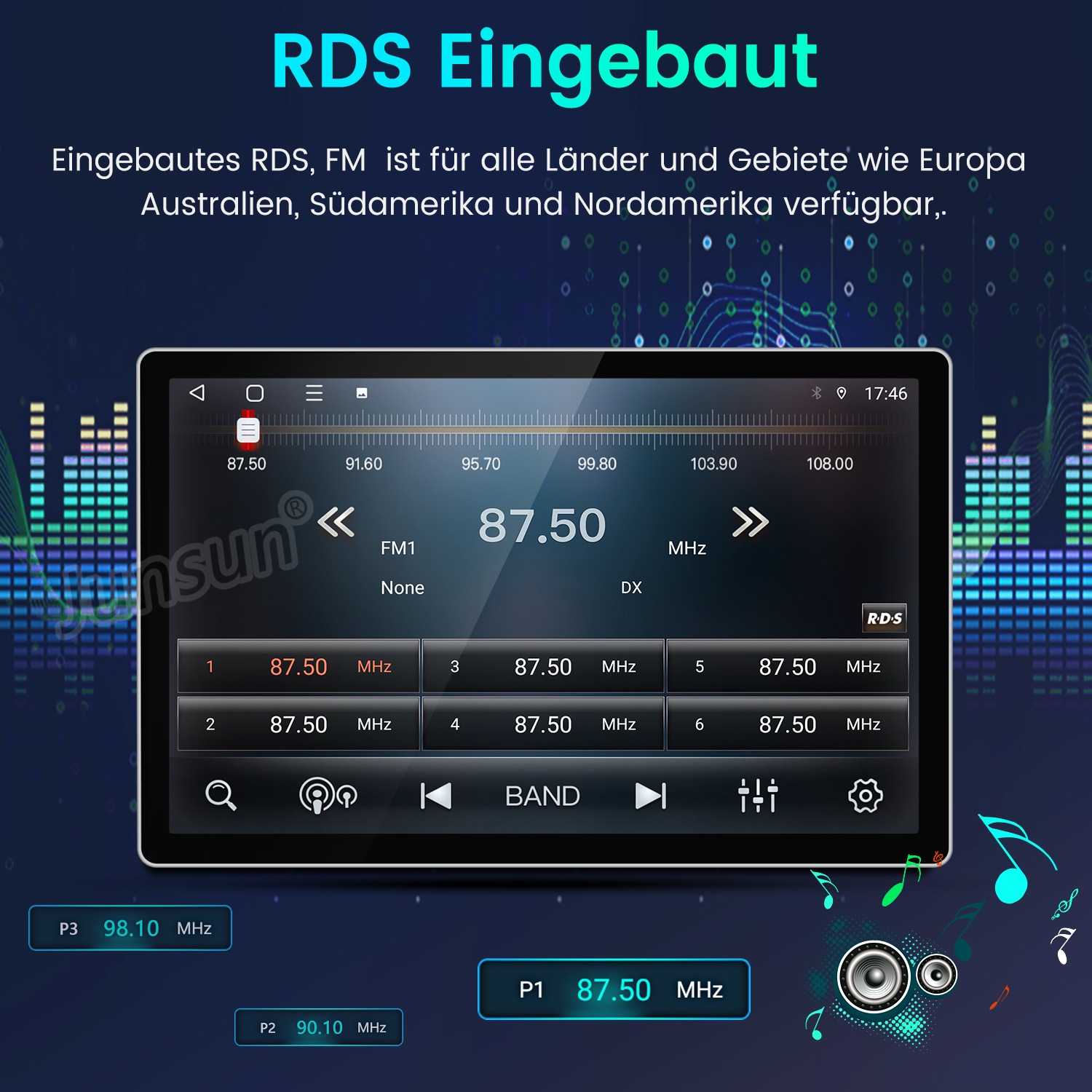 Autoradio-Bildschirm mit FM-Radio-Interface, Frequenzanzeige und Bedienelementen.