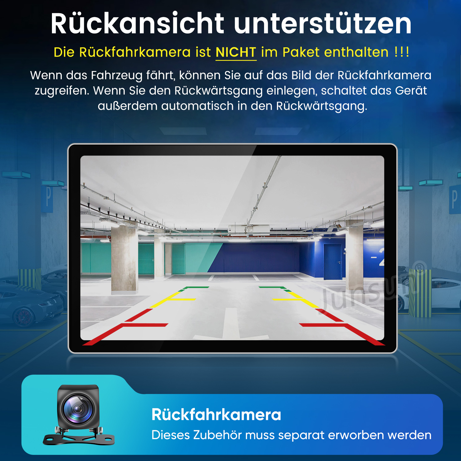 Display mit Parkhausansicht und Hinweisen zur optionalen Rückfahrkamera.