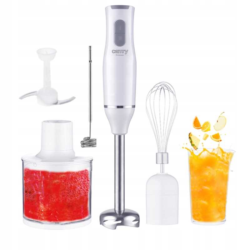 Biały blender ręczny z akcesoriami: trzepaczką, rozdrabniaczem i sokiem.