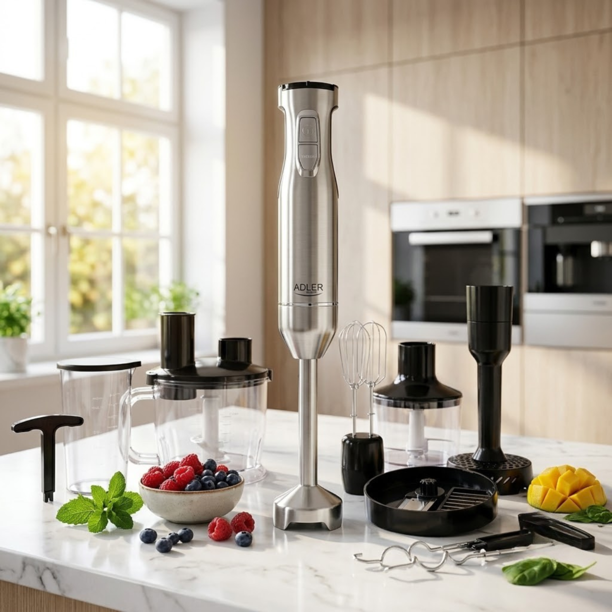 Srebrny blender ręczny z akcesoriami, jagodami i mango na blacie kuchennym z białego marmuru.