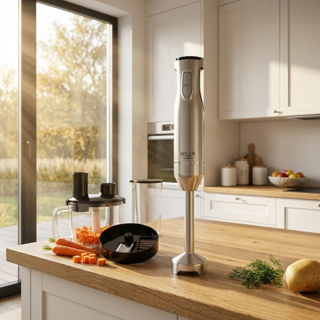 Srebrny blender ręczny stoi na drewnianym blacie kuchennym z robotem kuchennym i świeżymi warzywami.