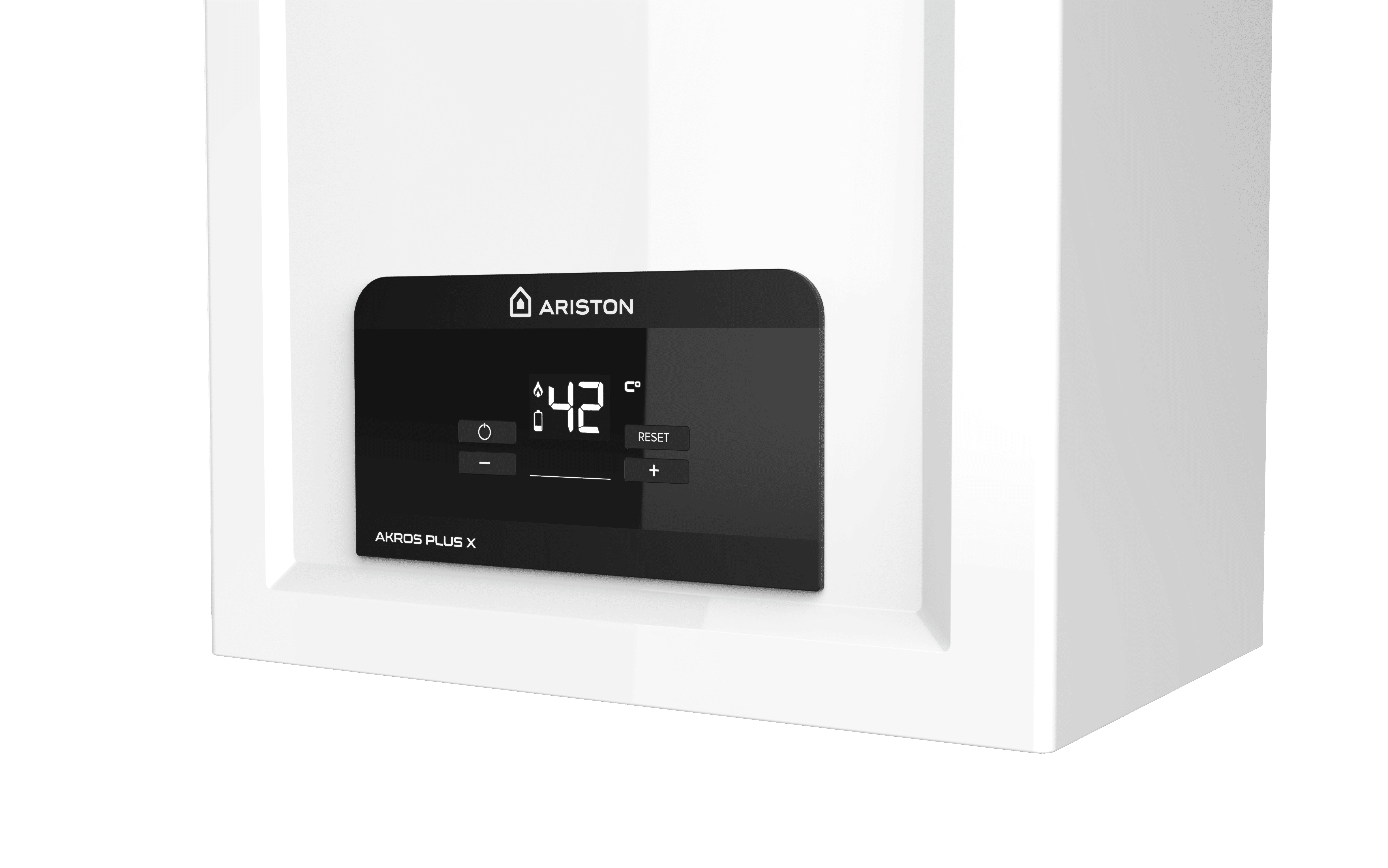 Caldaia bianca Ariston Akros Plus X con display digitale a 42 gradi.