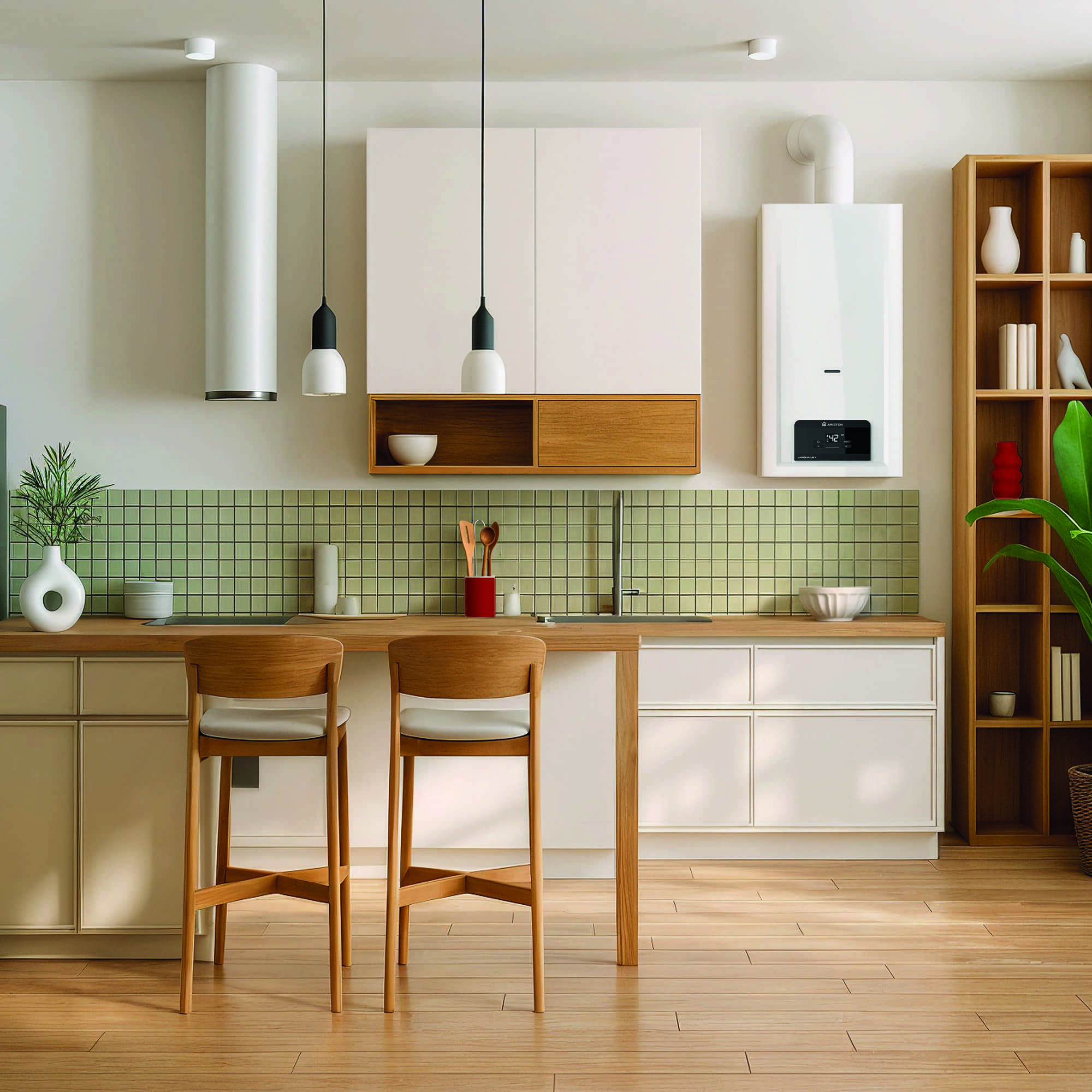 Cucina moderna con pensili bianchi, paraschizzi verde, piani in legno, due sgabelli e caldaia a gas.