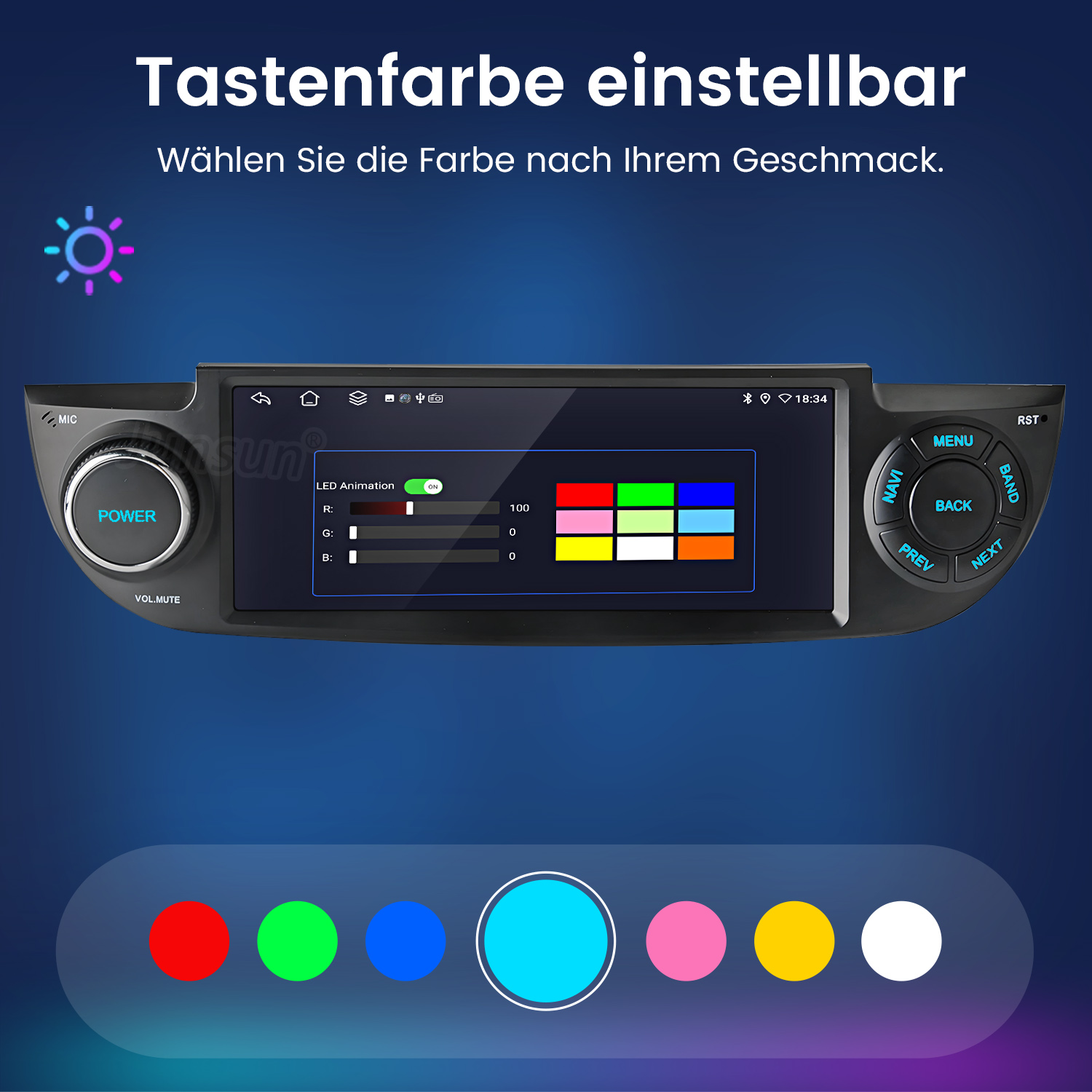 Autoradio mit LED-Farbeinstellungen und Tasten auf einem blauen Hintergrund.