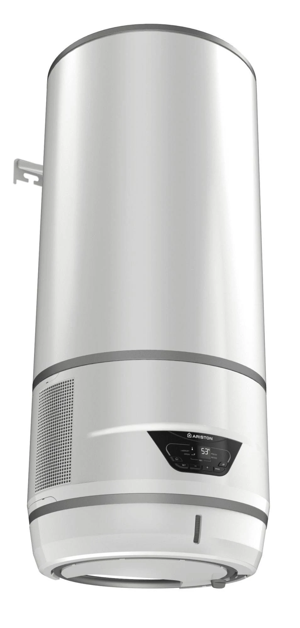 Uno scaldabagno Ariston bianco con display digitale e griglie di ventilazione su sfondo bianco.