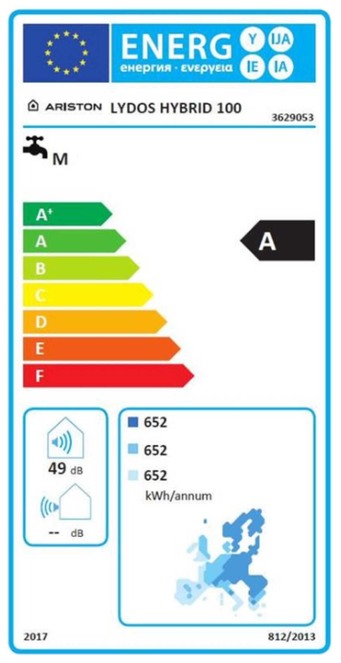 Etichetta energetica Ariston Lydos Hybrid 100 con classe A e 49 dB.