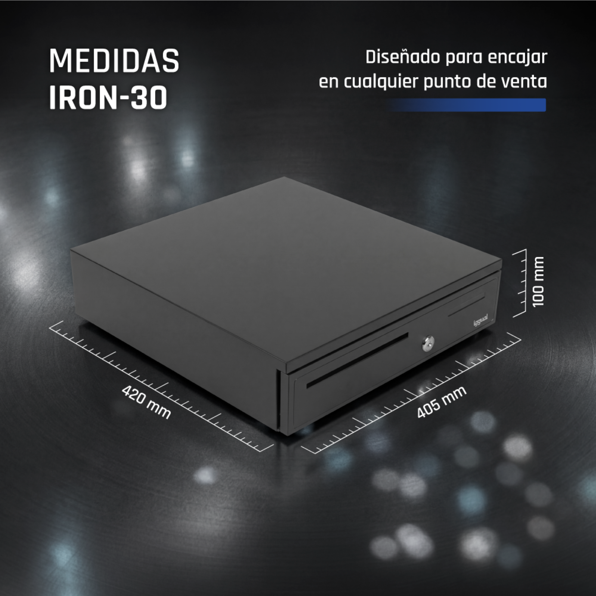 Cajón portamonedas negro Iron-30 con dimensiones: 420 mm de largo, 405 mm de ancho y 100 mm de alto, sobre superficie oscura.