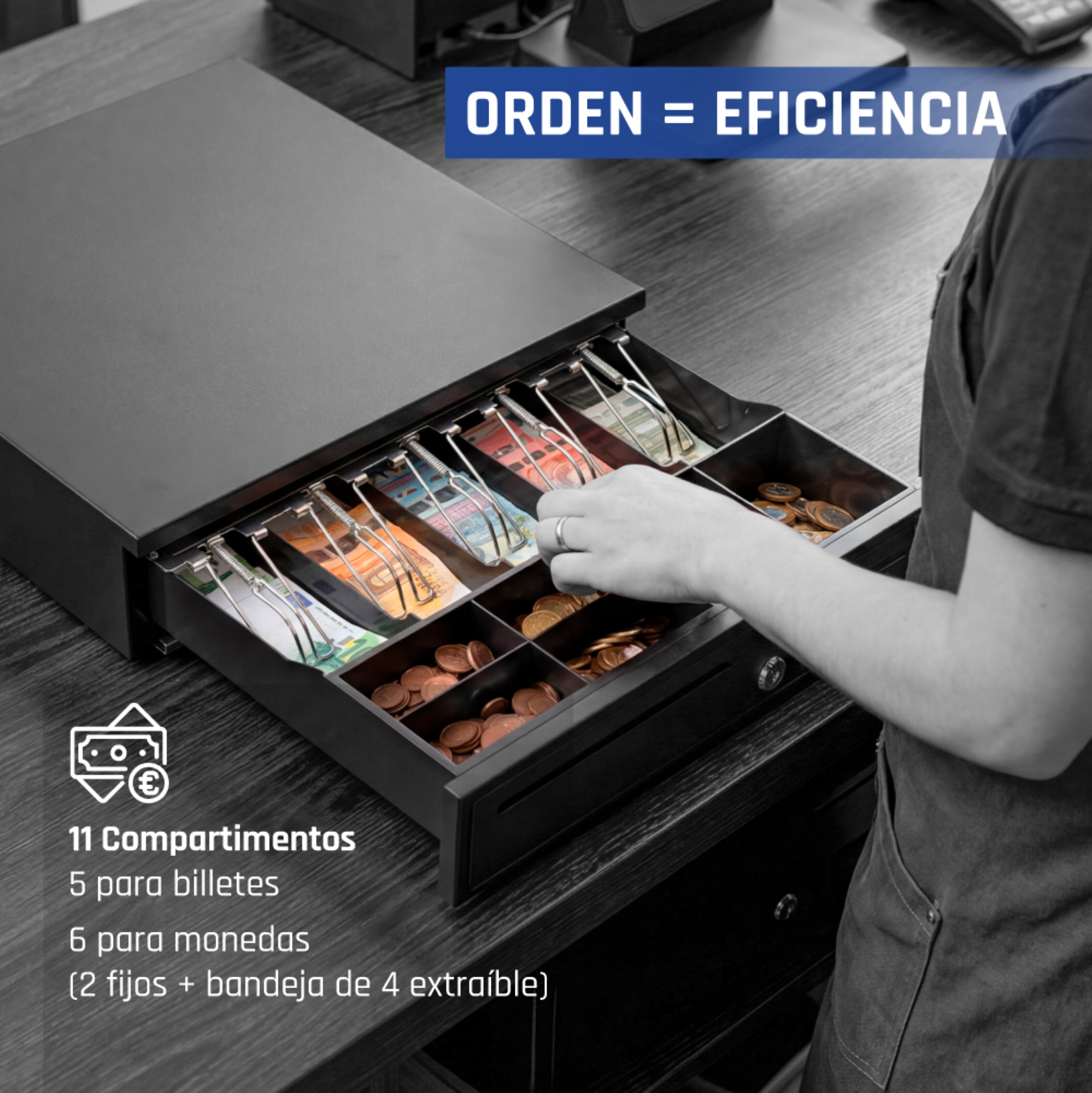 Caja registradora abierta con billetes y monedas, con texto sobre eficiencia.