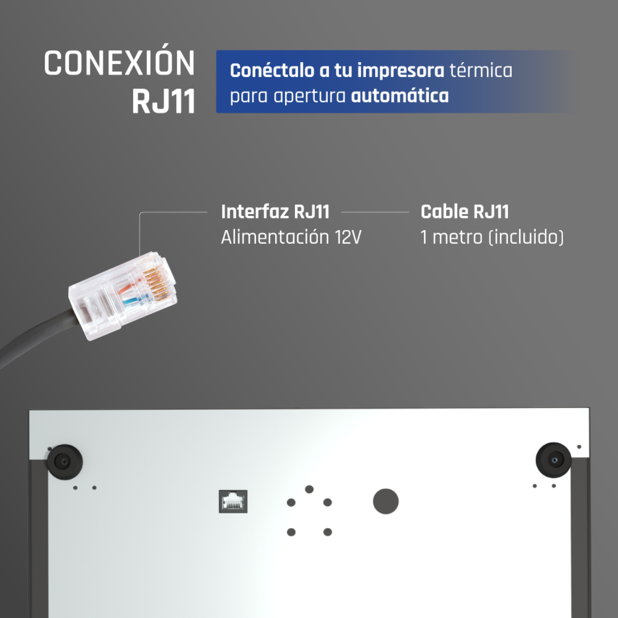 Diagrama muestra conexión RJ11 para impresora de cajón automático con cable e interfaz.