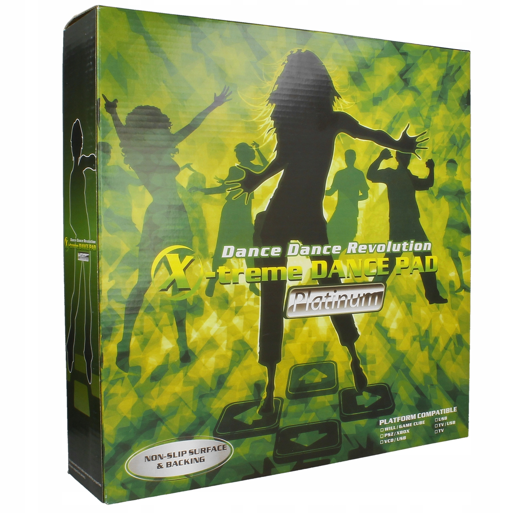 Zielone pudełko z matą taneczną z tańczącymi sylwetkami i napisem X-treme Dance Pad.