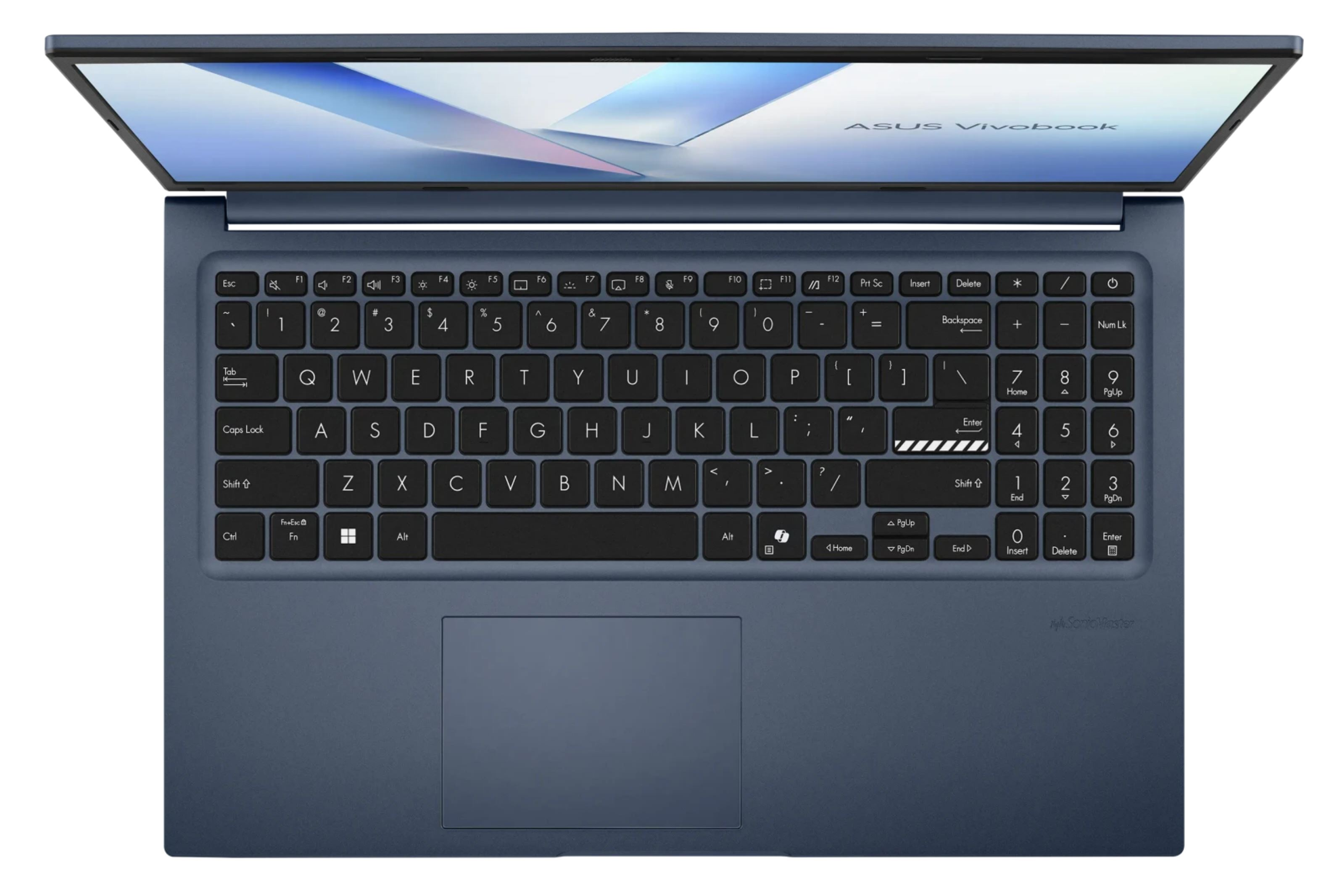 Draufsicht auf einen offenen blauen ASUS Vivobook Laptop mit Tastatur, Touchpad und Markenbildschirm.