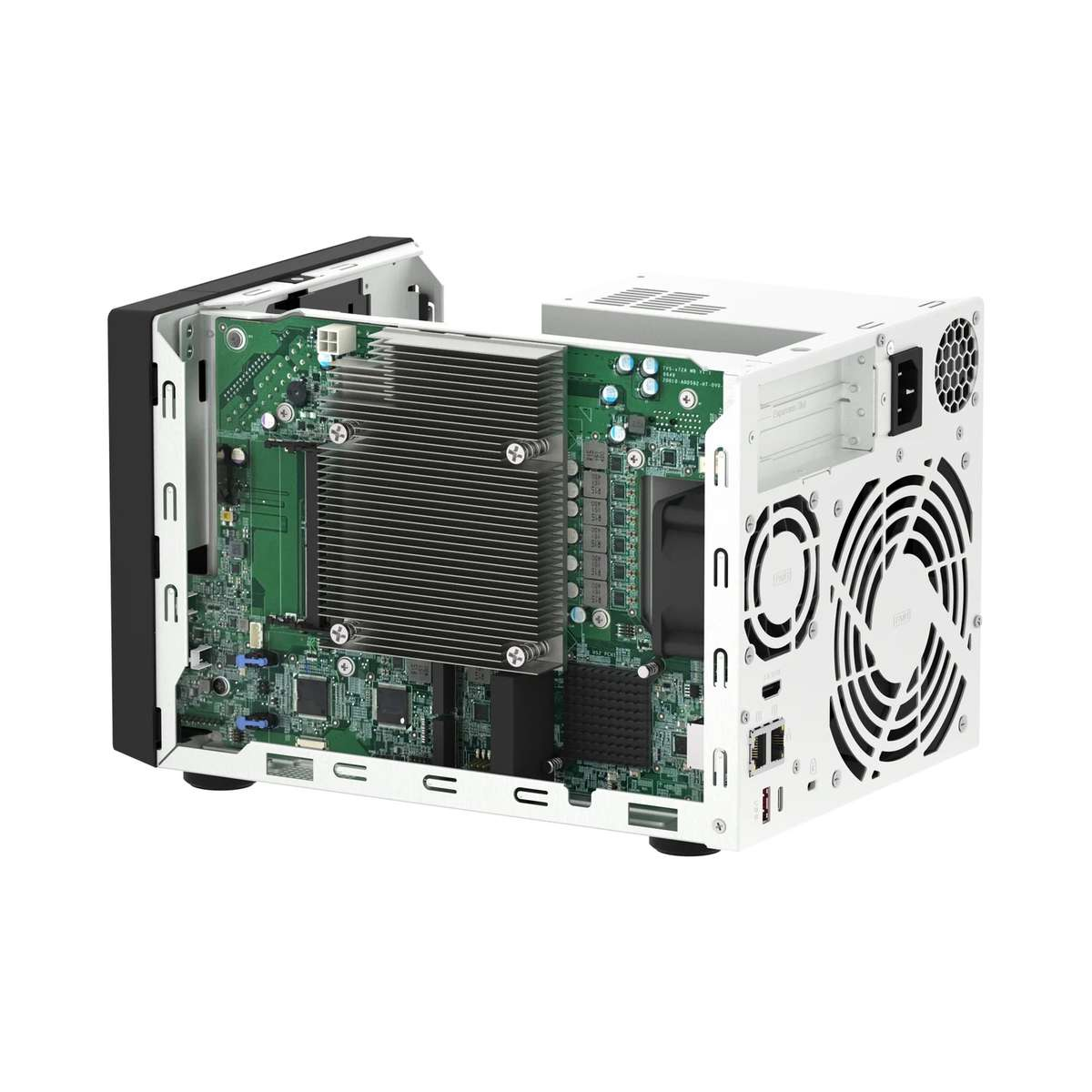 Un case per server NAS bianco e nero con circuito interno e grande dissipatore visibile.