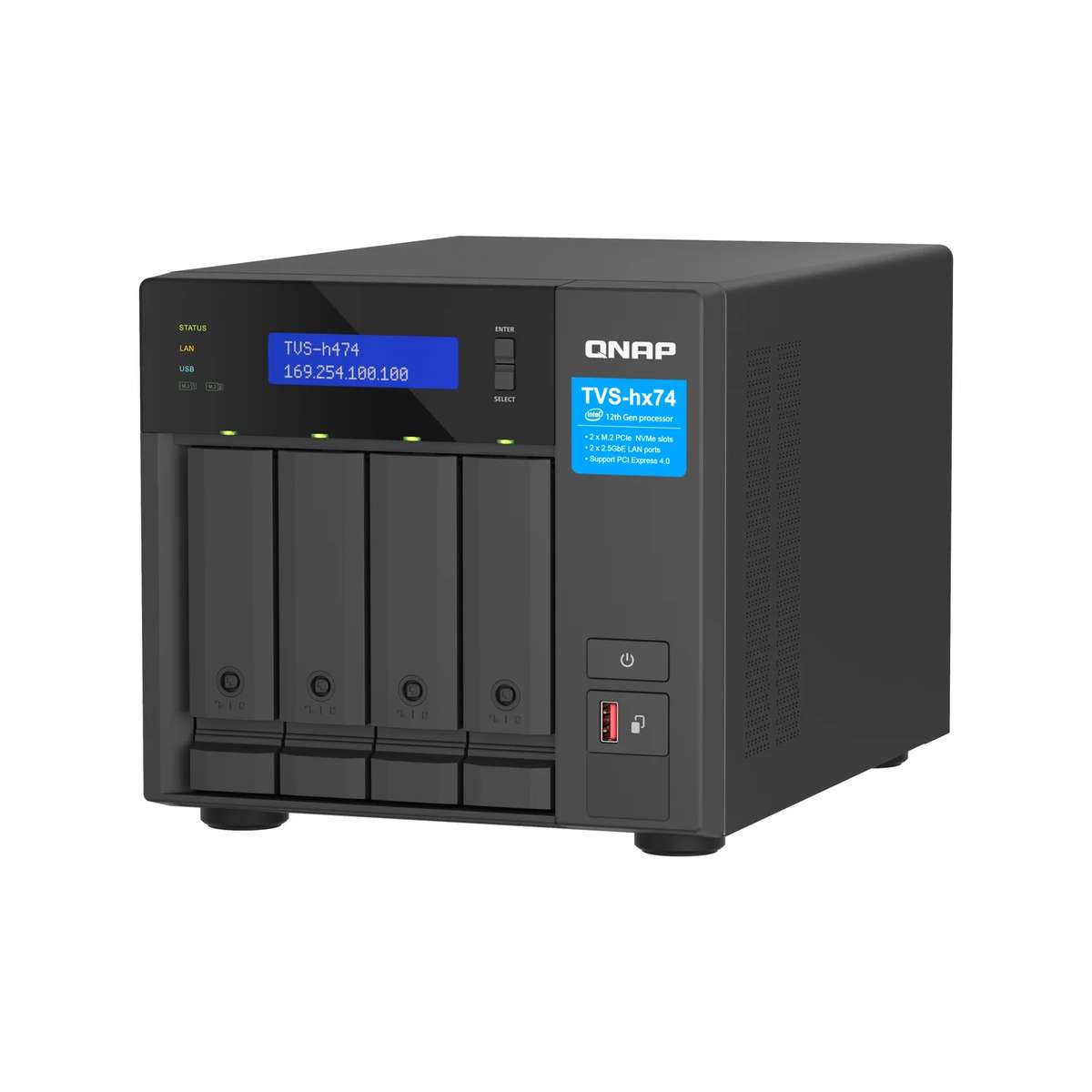 Un dispositivo NAS QNAP TVS-hx74 nero con quattro vani per unità e uno schermo LCD blu.