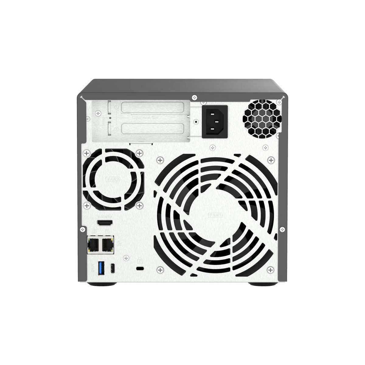 Vista posteriore di un case NAS grigio con due grandi ventole nere, slot di espansione, varie porte e presa.