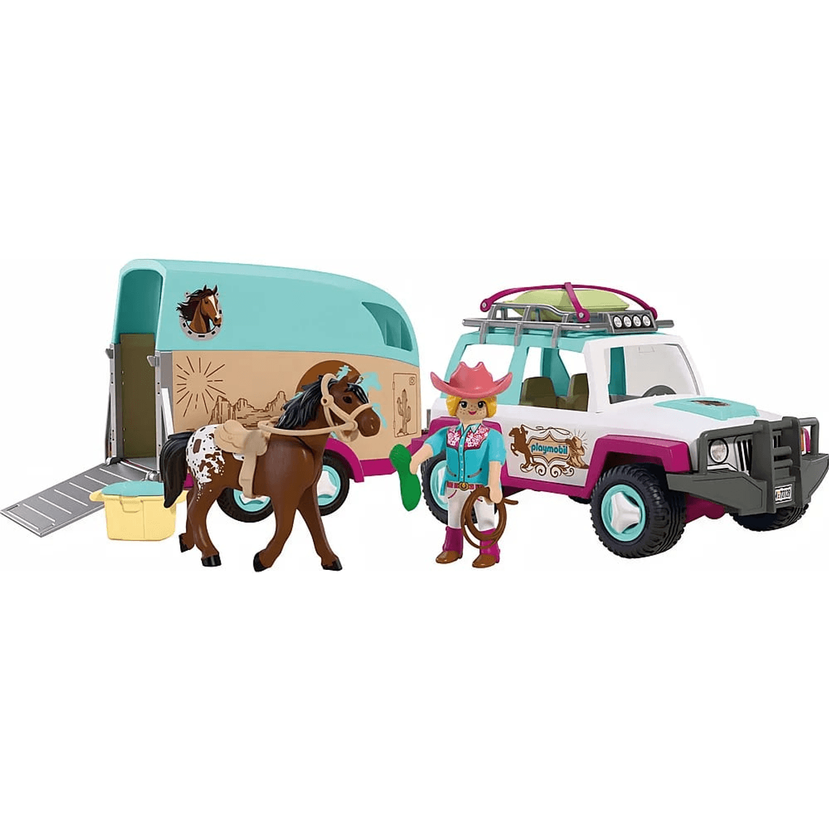 Set de juguetes Playmobil con todoterreno, remolque para caballos, figura y caballo de juguete.
