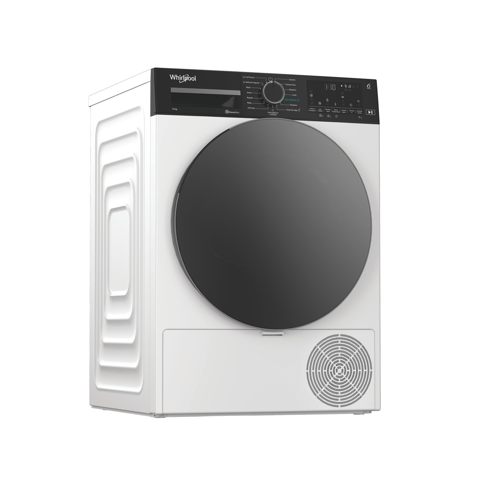 Una lavatrice Whirlpool bianca con oblò nero e pannello di controllo su sfondo bianco.