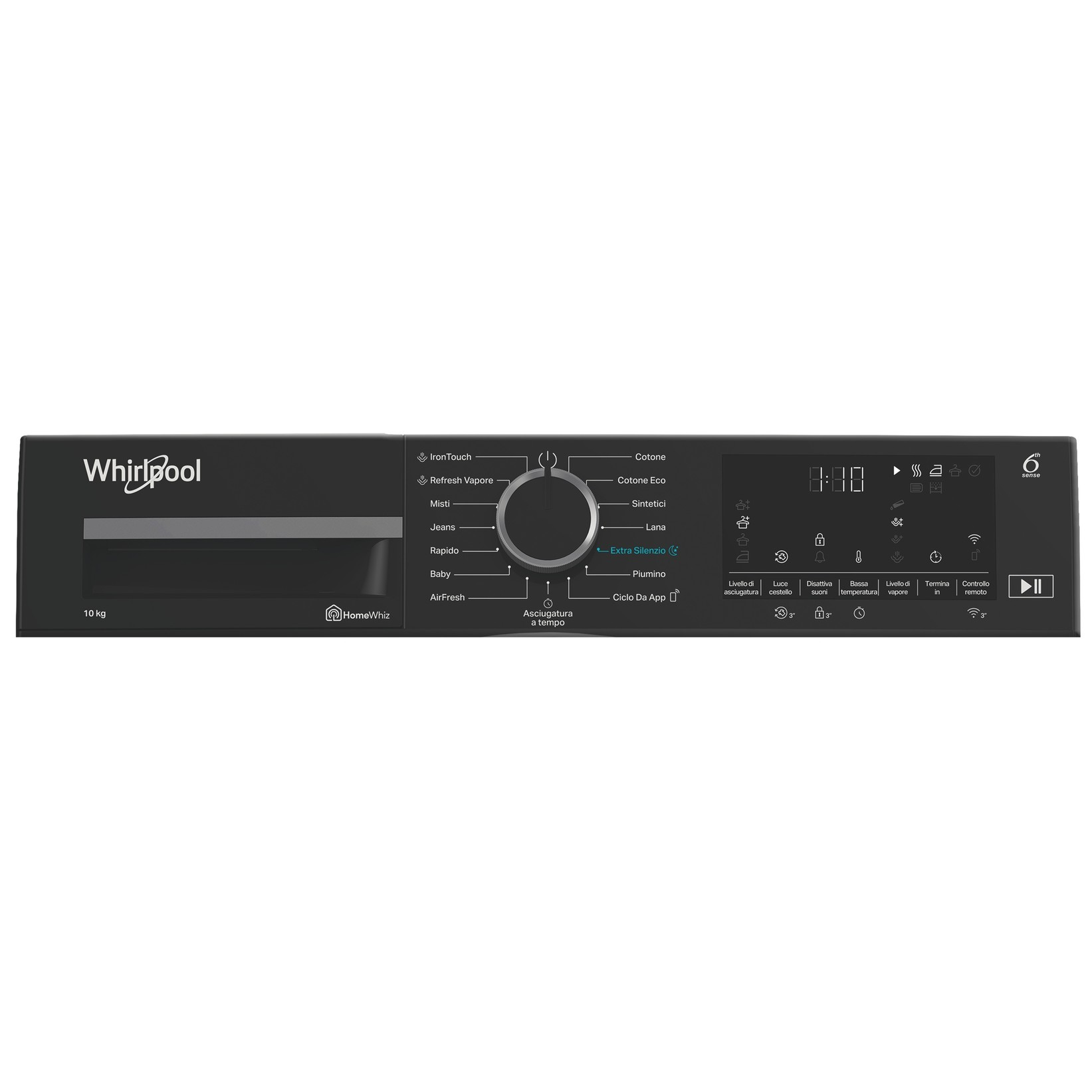 Pannello di controllo di una lavatrice Whirlpool nera con manopola centrale e display digitale.
