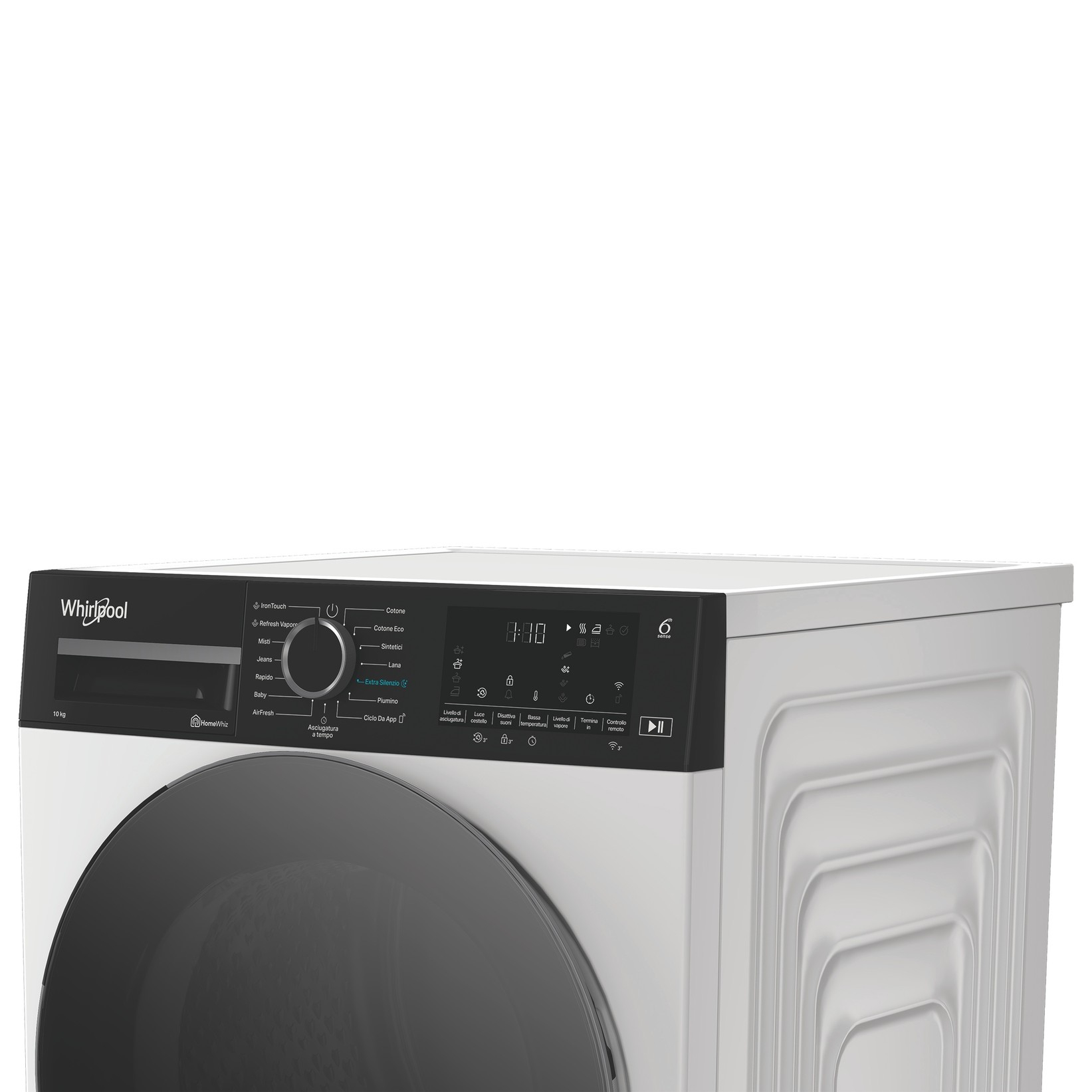 Lavatrice Whirlpool bianca con pannello di controllo nero, manopola e display digitale su sfondo bianco.