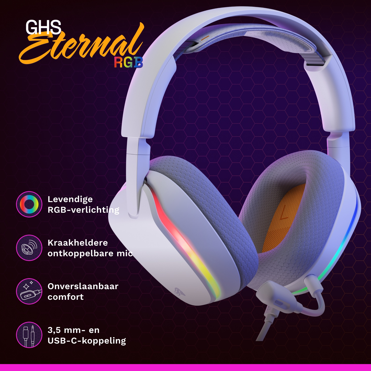 Cuffie da gioco bianche GHS Eternal RGB con luci colorate, microfono rimovibile e testo su sfondo scuro.