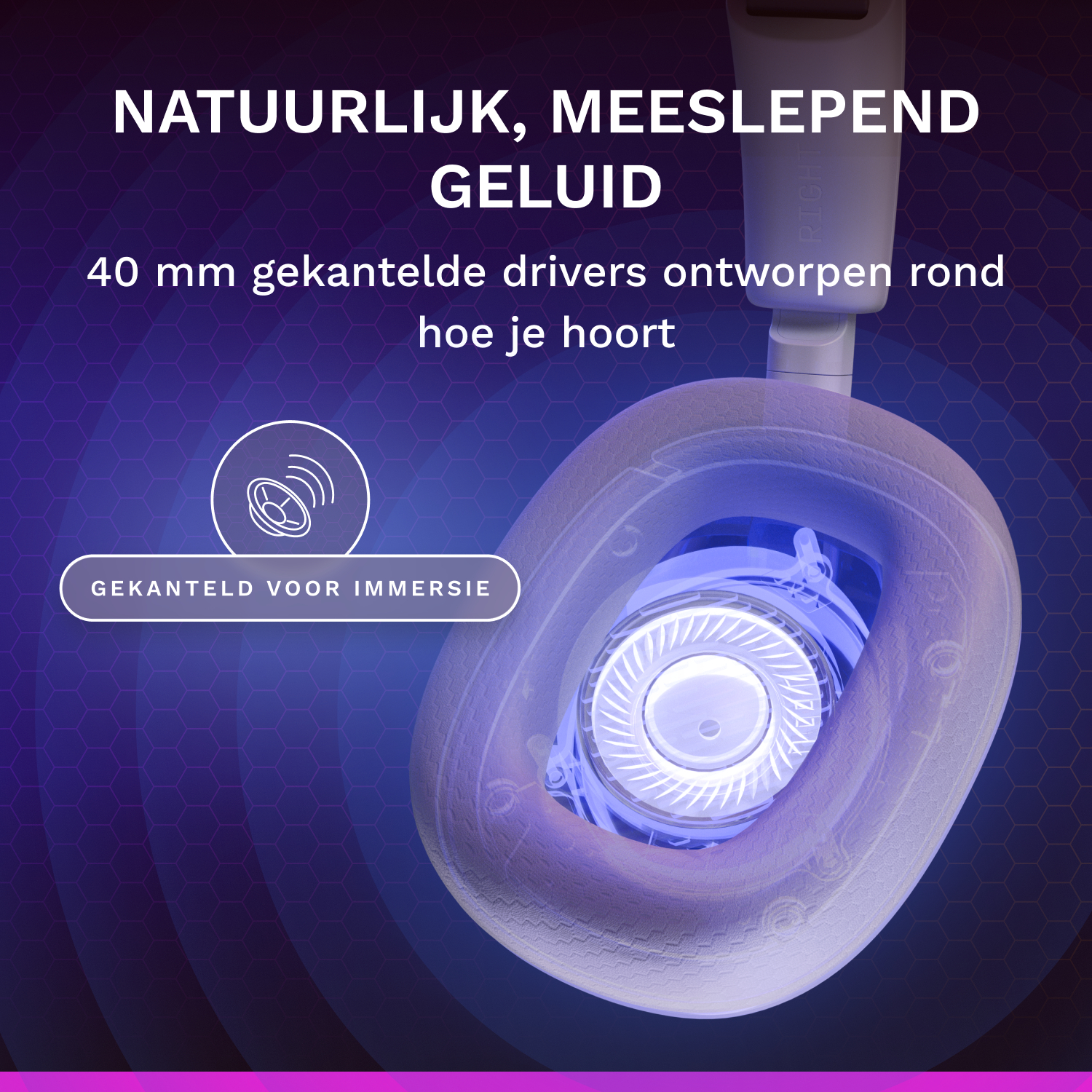 Un annuncio di cuffie con driver blu luminosi da 40 mm e testo in olandese su sfondo viola.