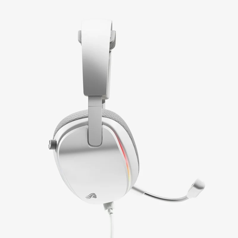 Cuffie da gioco bianche con microfono, archetto imbottito e illuminazione RGB su sfondo chiaro.