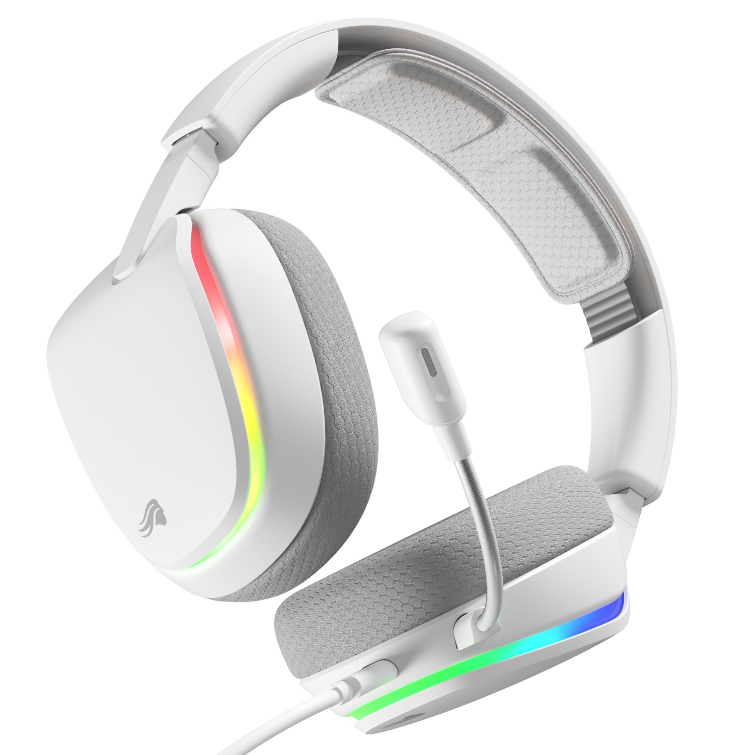 Cuffie da gioco bianche con illuminazione RGB e microfono.