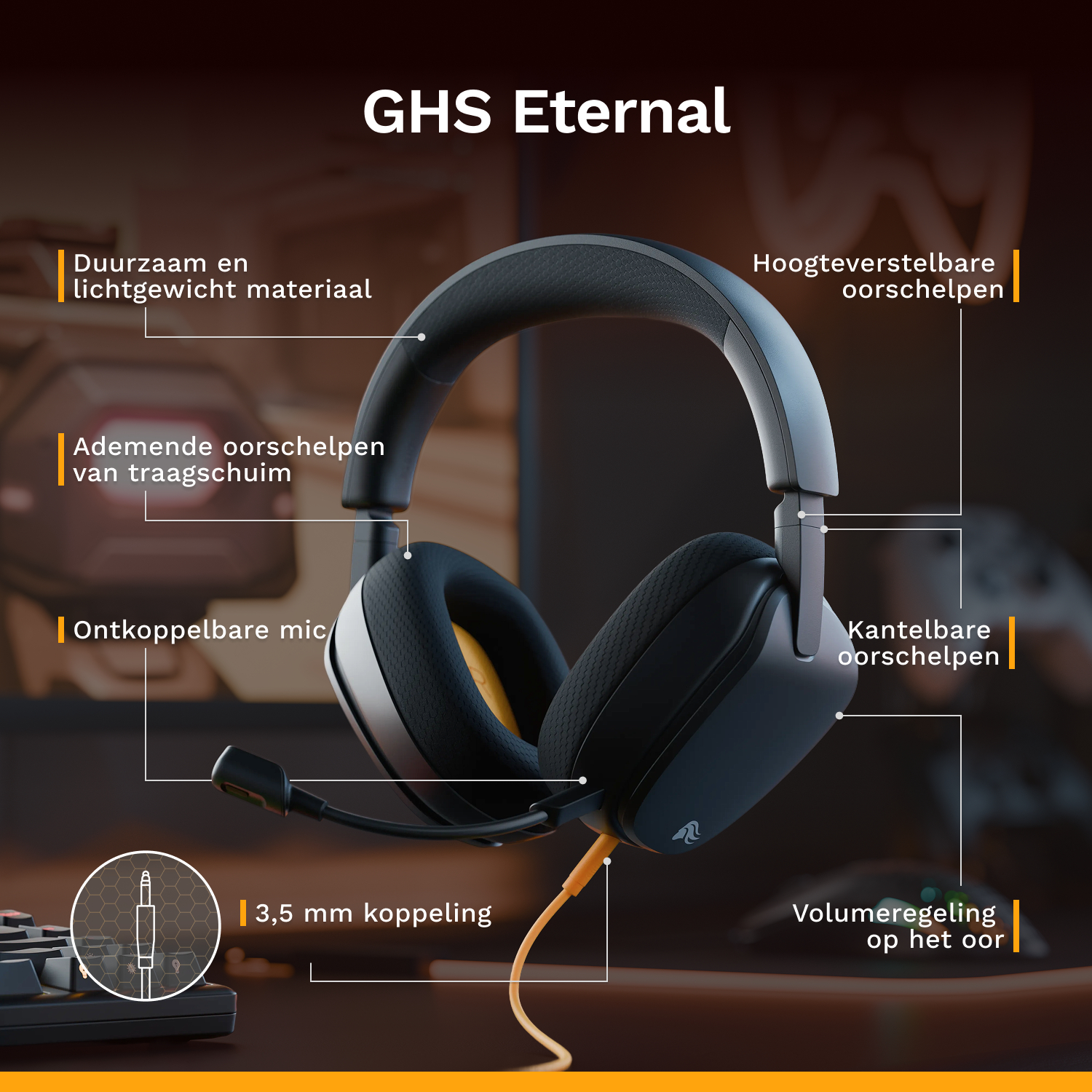 Cuffie da gioco GHS Eternal con caratteristiche come padiglioni e microfono regolabili.