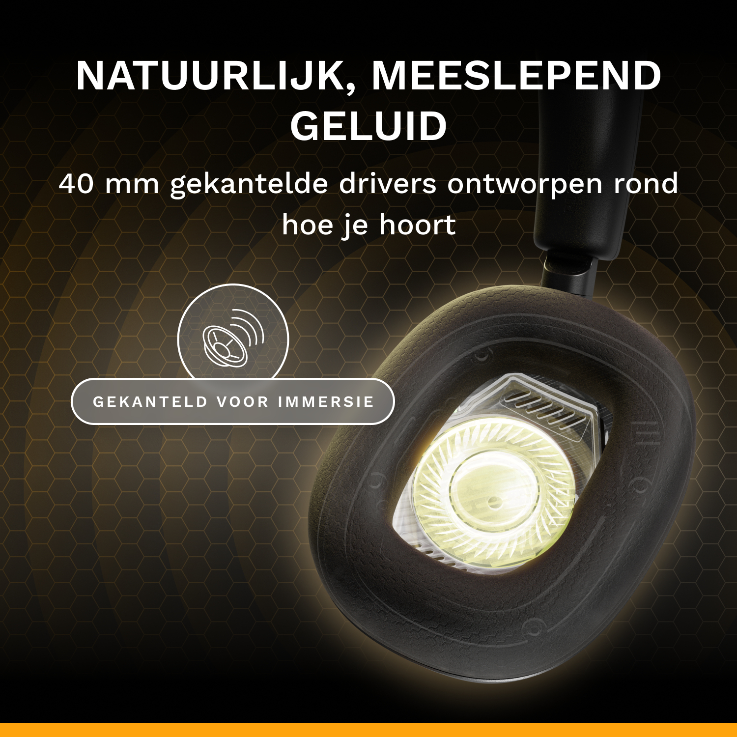 Un driver per cuffie illuminato con testo sul suono naturale su sfondo scuro.