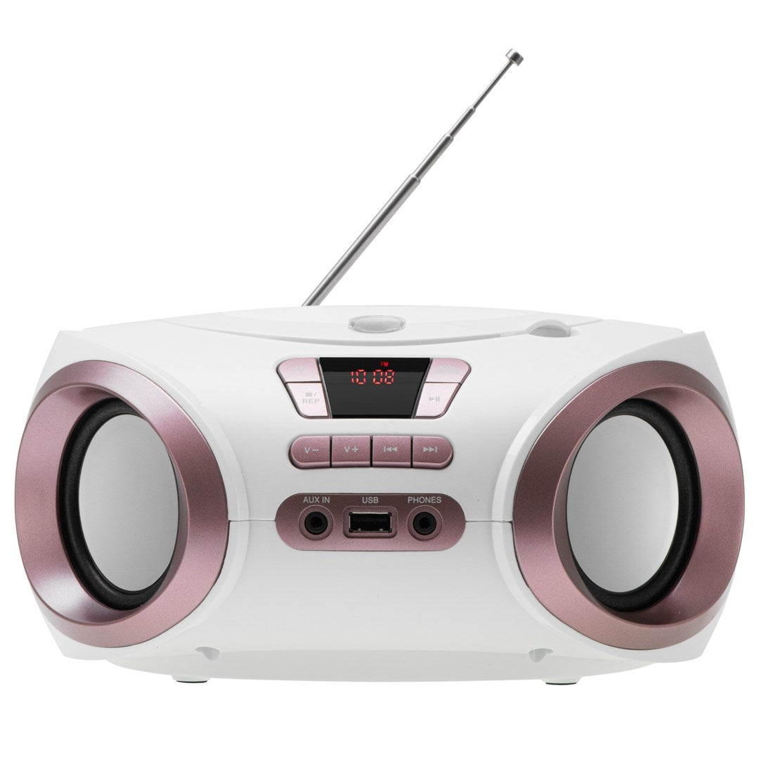 Biały boombox z różowymi akcentami, cyfrowym wyświetlaczem i anteną.