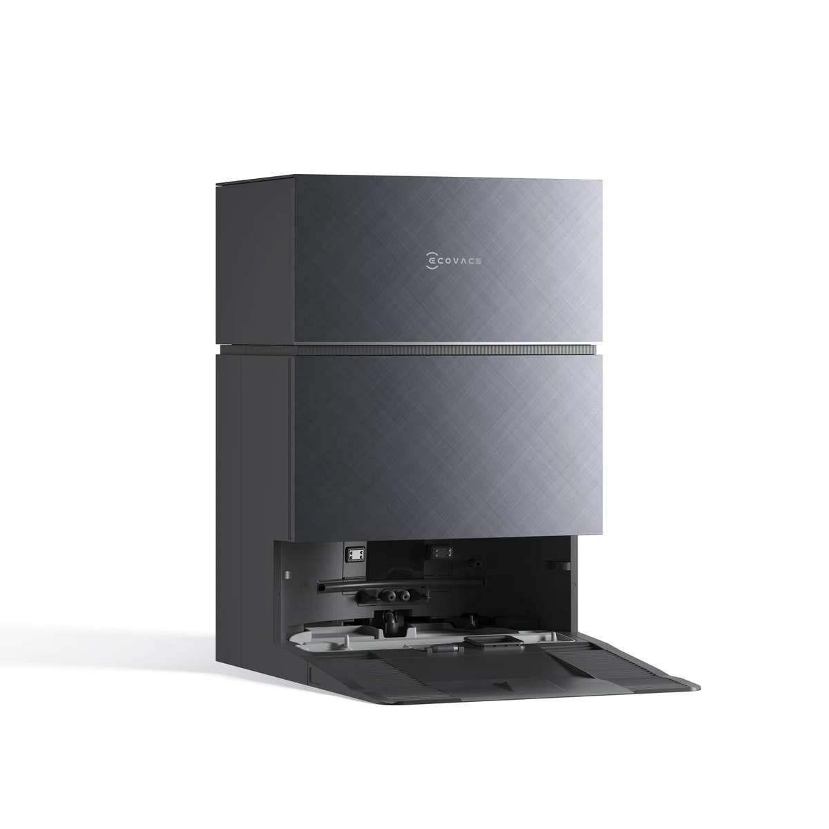 Eine graue Ecovacs Ladestation für Saugroboter mit ausgefahrener Rampe auf weißem Hintergrund.