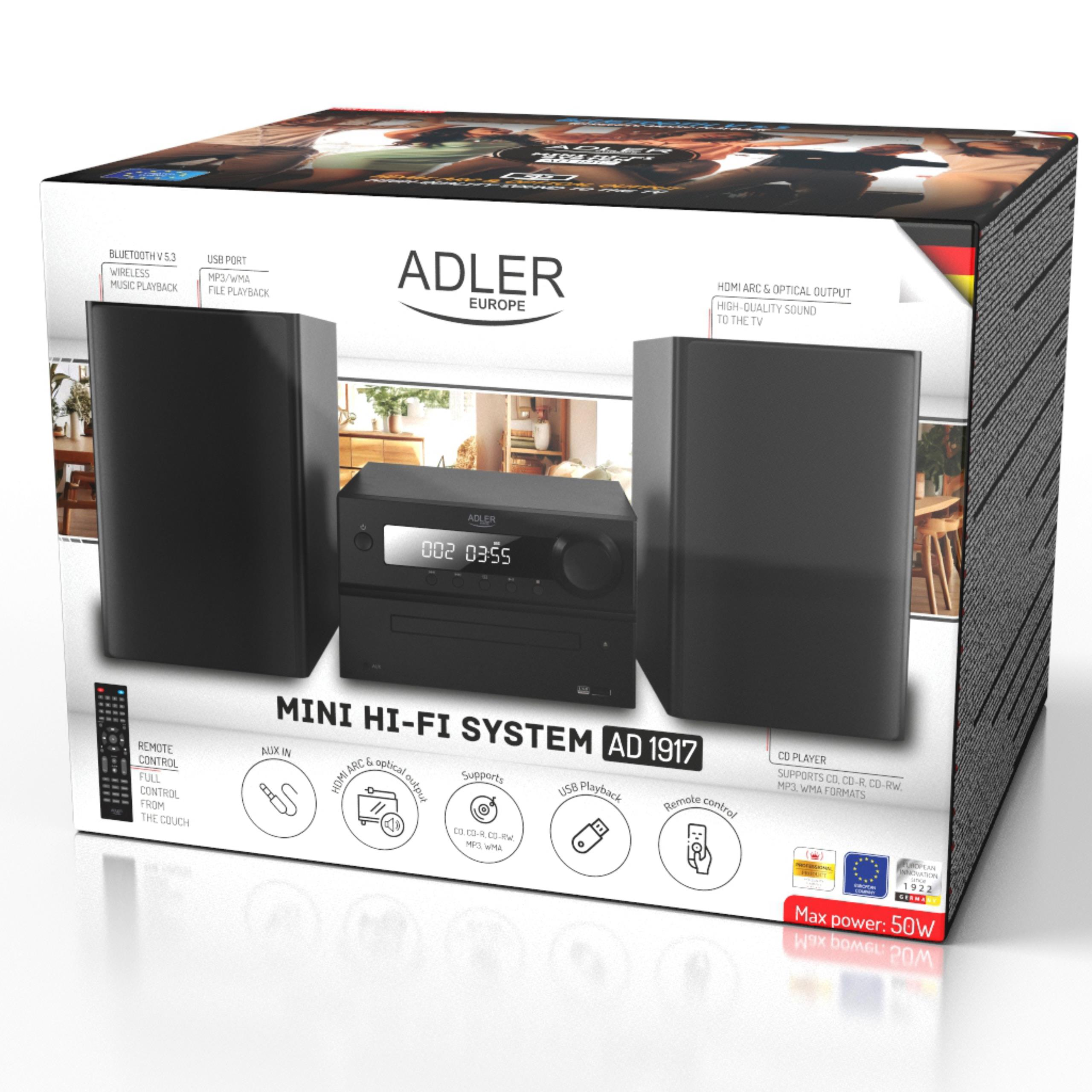 Opakowanie mini wieży Hi-Fi Adler Europe z dwoma czarnymi głośnikami i jednostką centralną.
