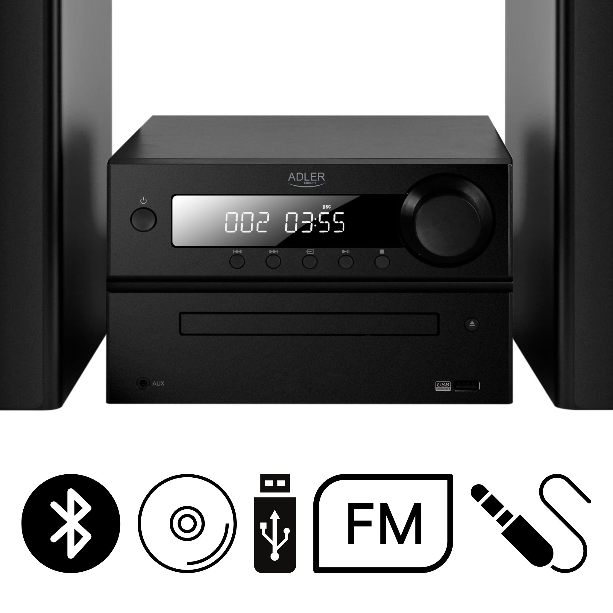 Czarny zestaw stereo Adler z wyświetlaczem oraz ikonami Bluetooth, CD, USB, FM i aux.