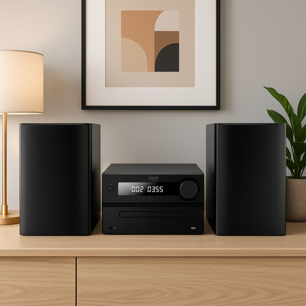 Czarny system audio na drewnianej komodzie z lampą, obrazem i rośliną.