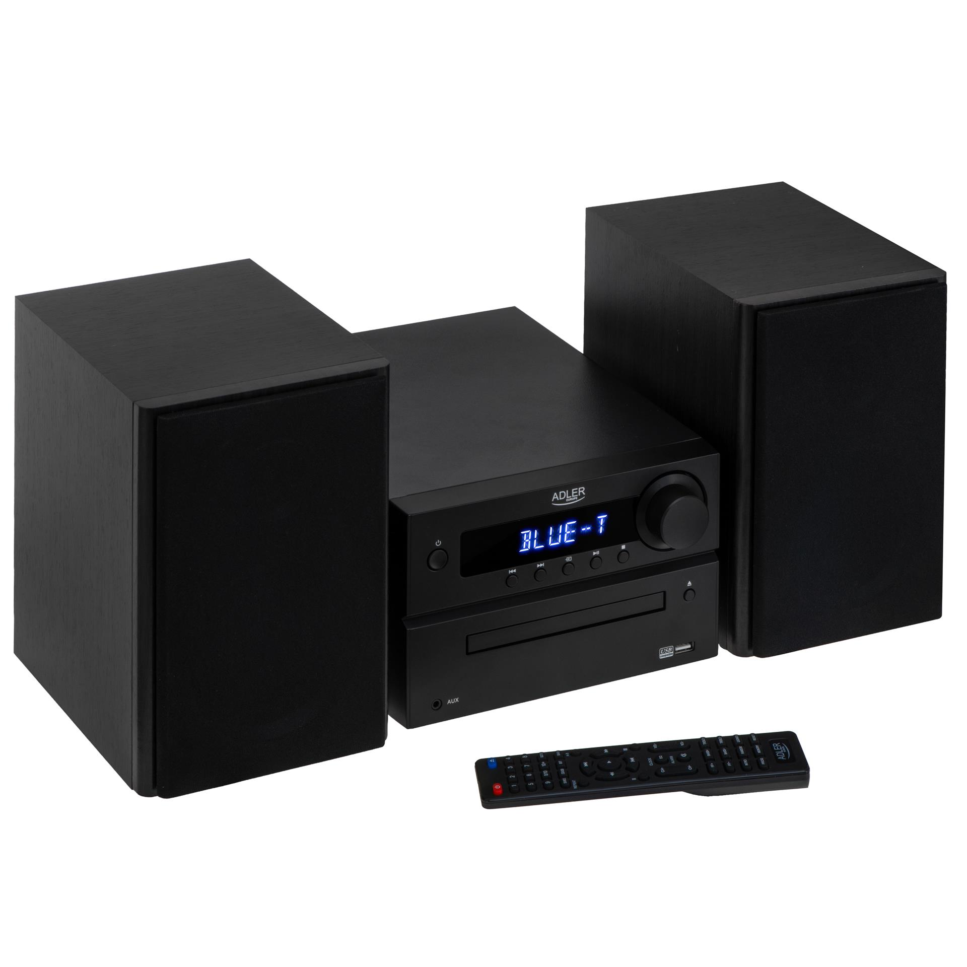 Czarny system hi-fi z dwoma głośnikami i pilotem na białym tle.