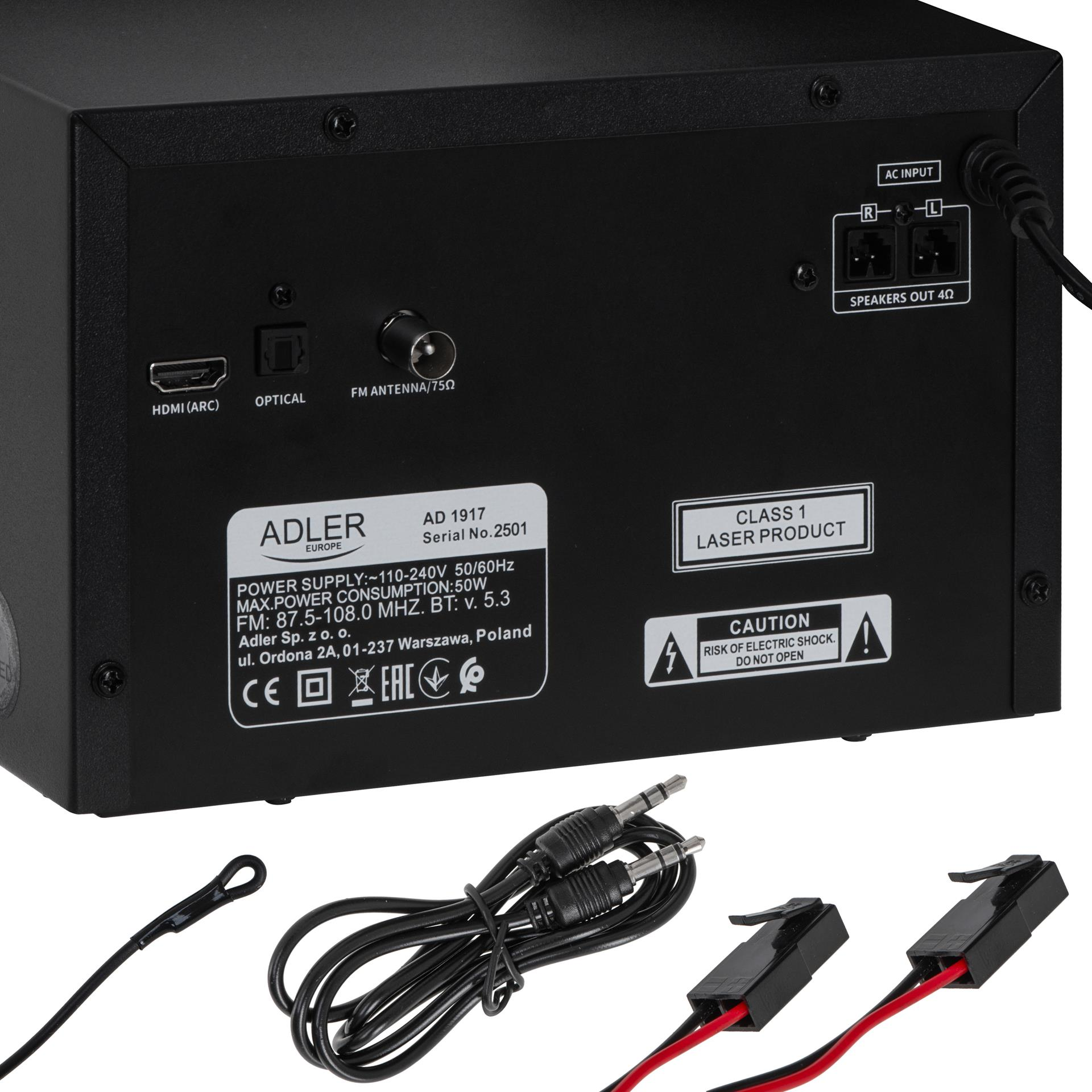 Tył czarnego urzadzenia audio z HDMI, portem optycznym, antena i wyjsciami glosnikowymi.