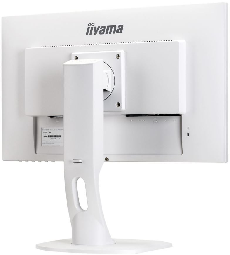 Die Rückseite eines weißen iiyama Monitors mit einem stabilen Standfuß.