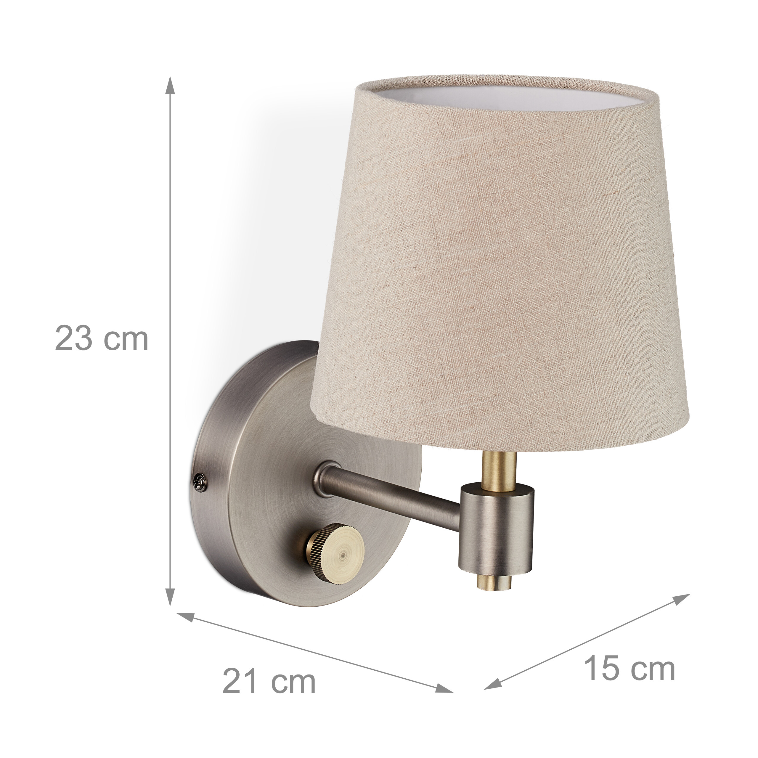 Beige Wandleuchte mit metallenem Arm und Maßen 23 cm, 21 cm, 15 cm.