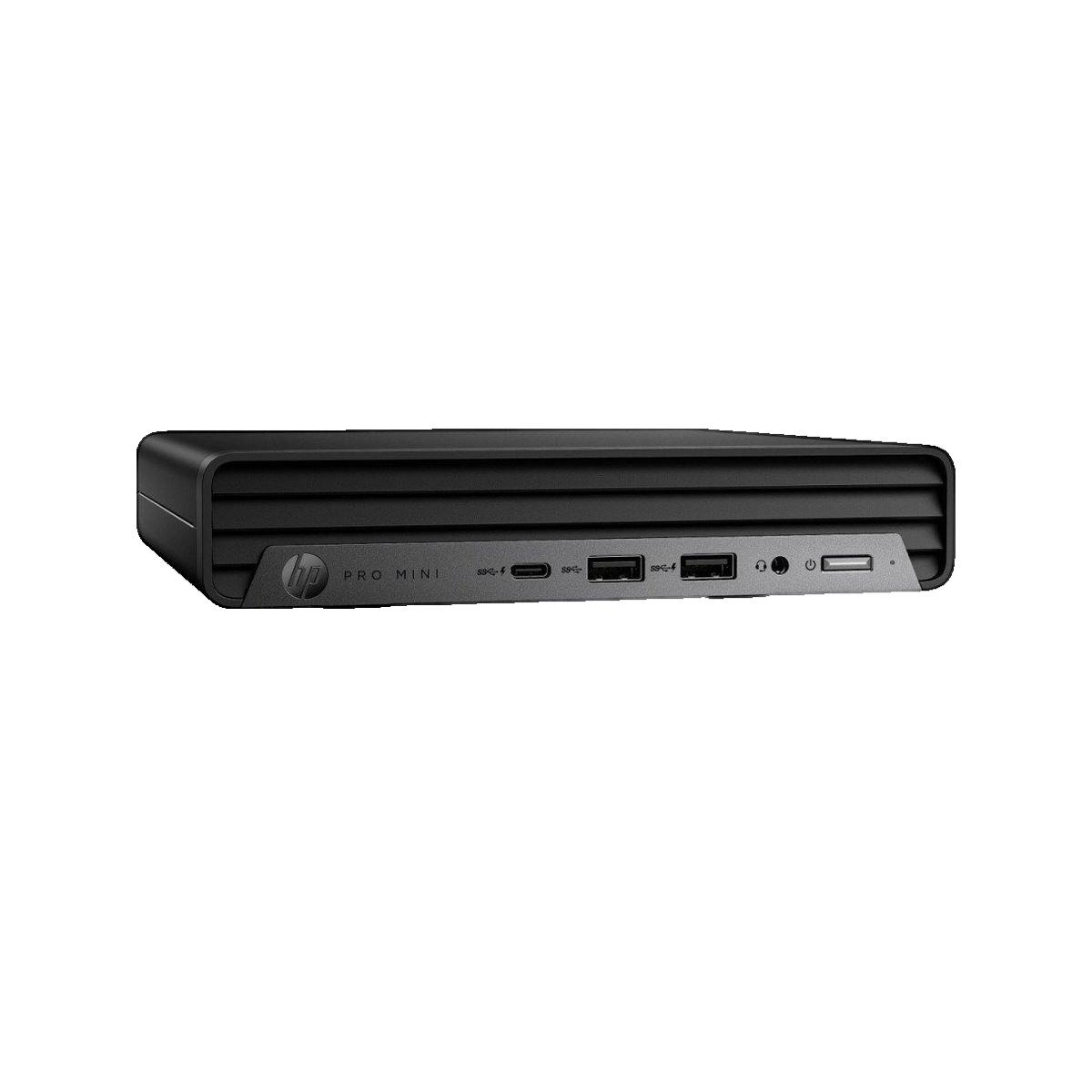 Czarny komputer HP Pro Mini z portami z przodu i logo HP na panelu przednim.