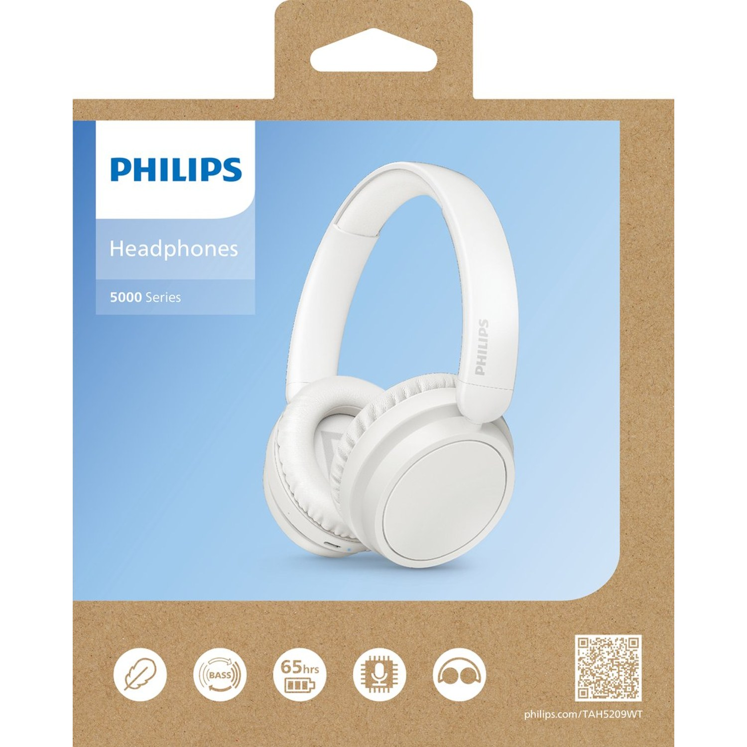 Auriculares supraaurales Philips blancos en embalaje de cartón reciclado sobre fondo azul.