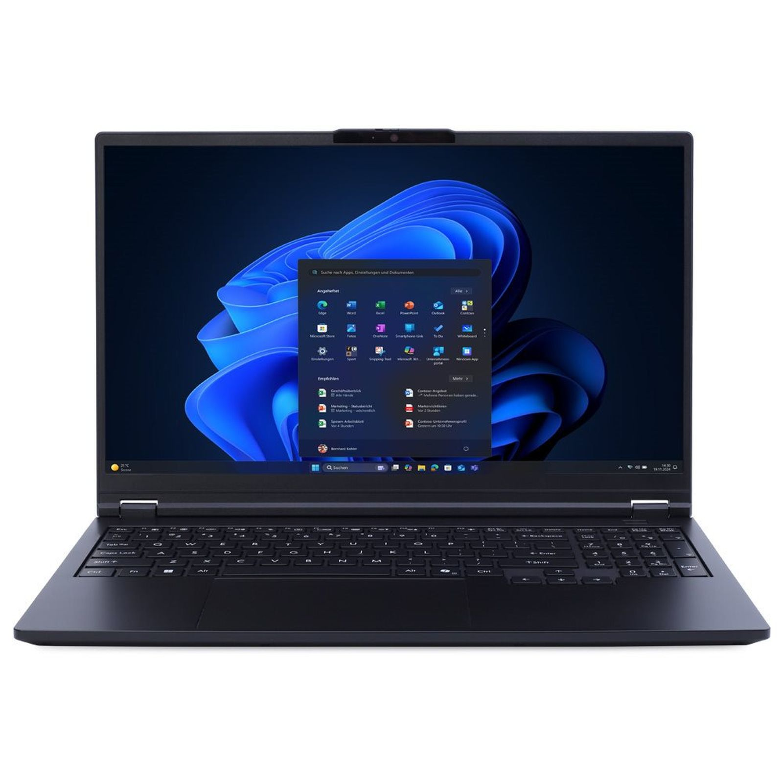 Ein schwarzer Laptop zeigt den Windows-Desktop mit blauen Wellen und geöffnetem Startmenü auf weißem Hintergrund.
