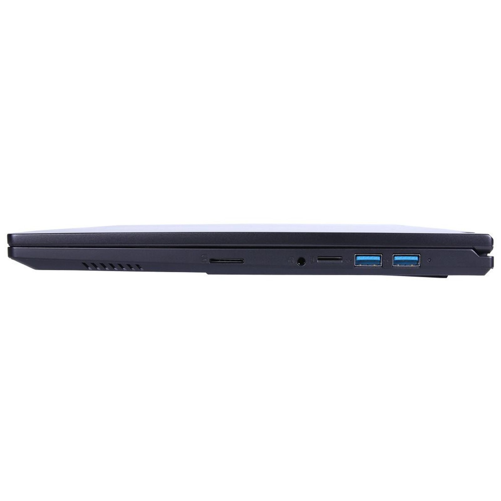 Seitenansicht eines dünnen schwarzen Laptops mit Anschlüssen wie USB und Audio.