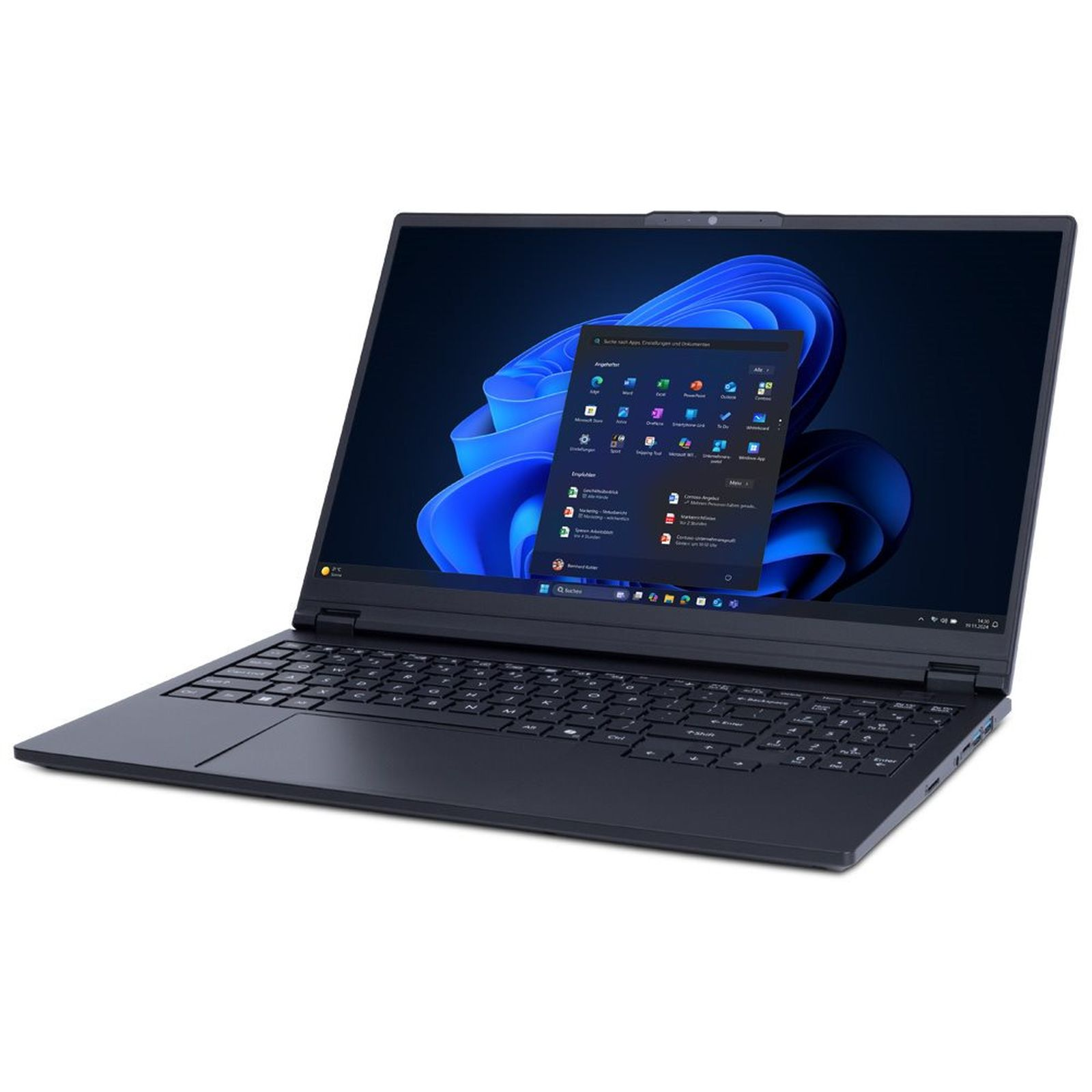 Ein schwarzer Laptop auf weißem Hintergrund zeigt den Windows-Desktop mit blauem Hintergrundbild.