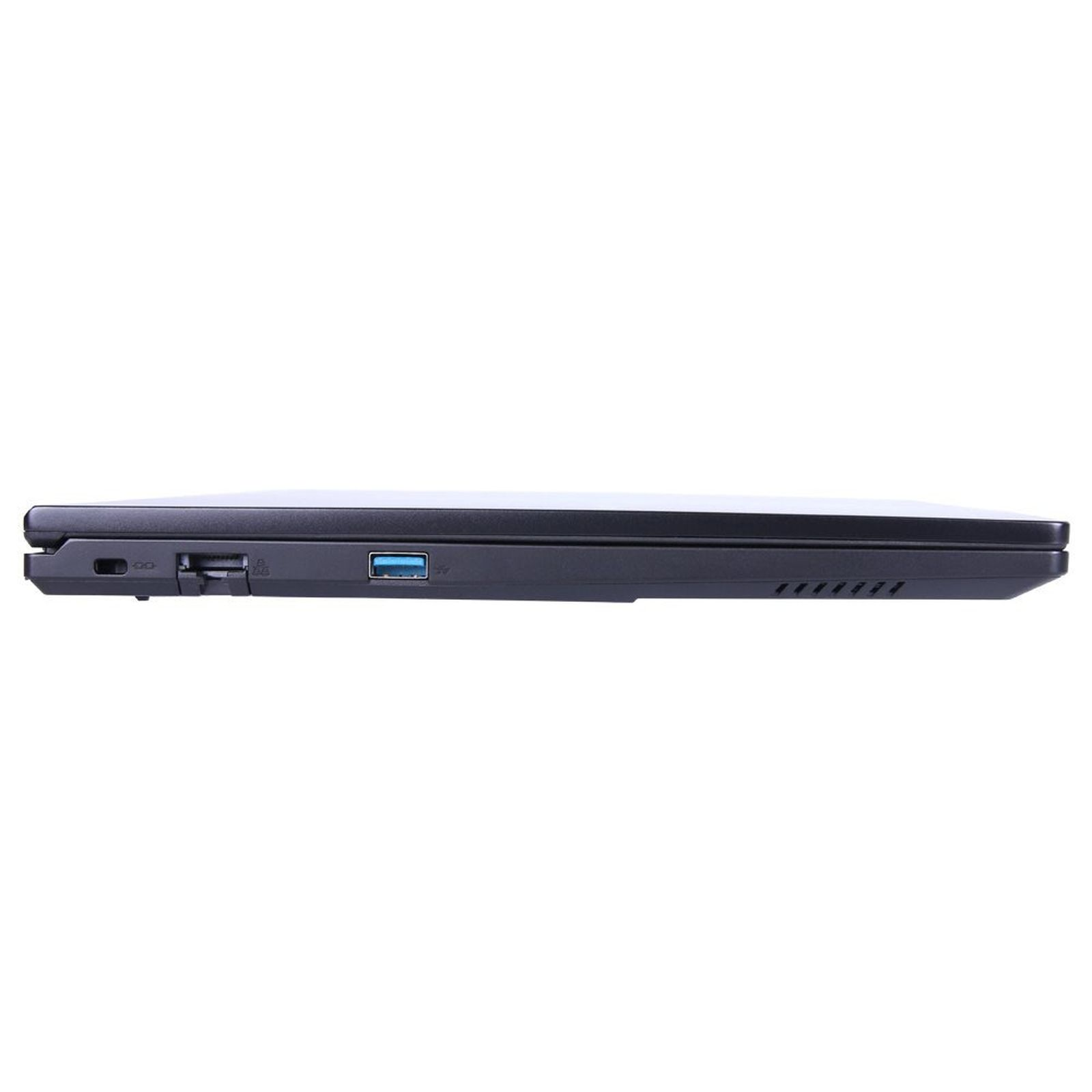 Seitenansicht eines schwarzen Laptops mit Anschlüssen wie USB und Ethernet vor weißem Hintergrund.