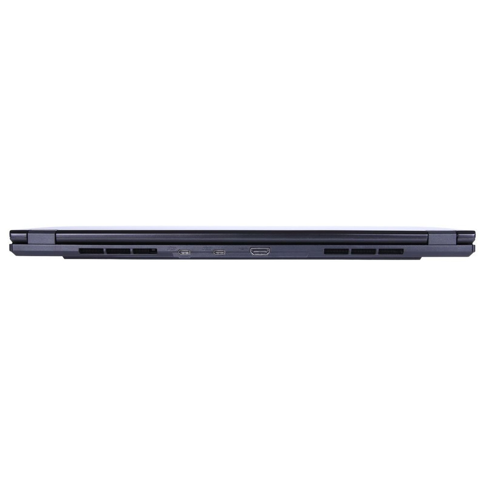 Rückseite eines geschlossenen schwarzen Laptops mit Anschlüssen und Lüftungsschlitzen.