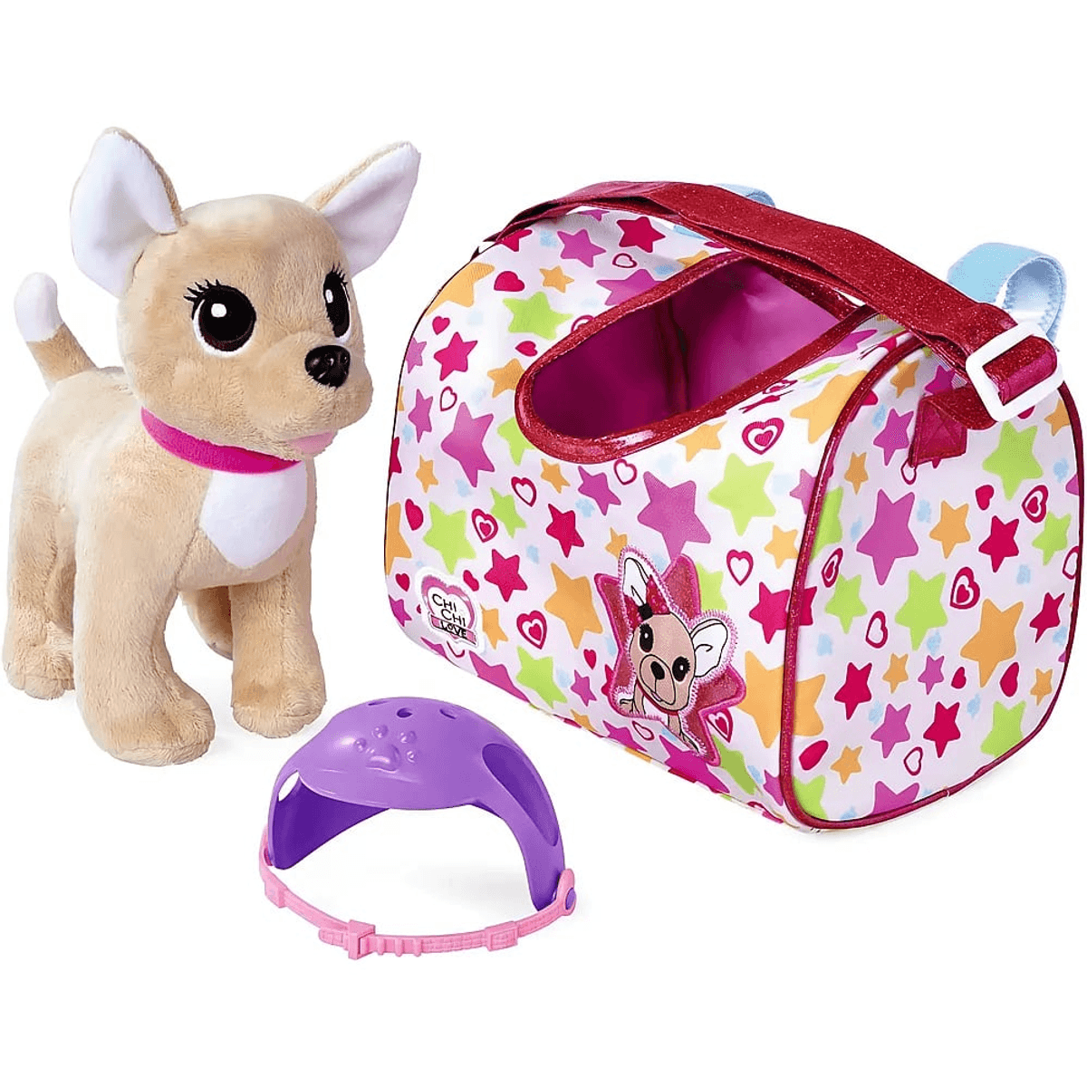 Un chihuahua de peluche con collar rosa, junto a un bolso colorido de estrellas y un casco morado.