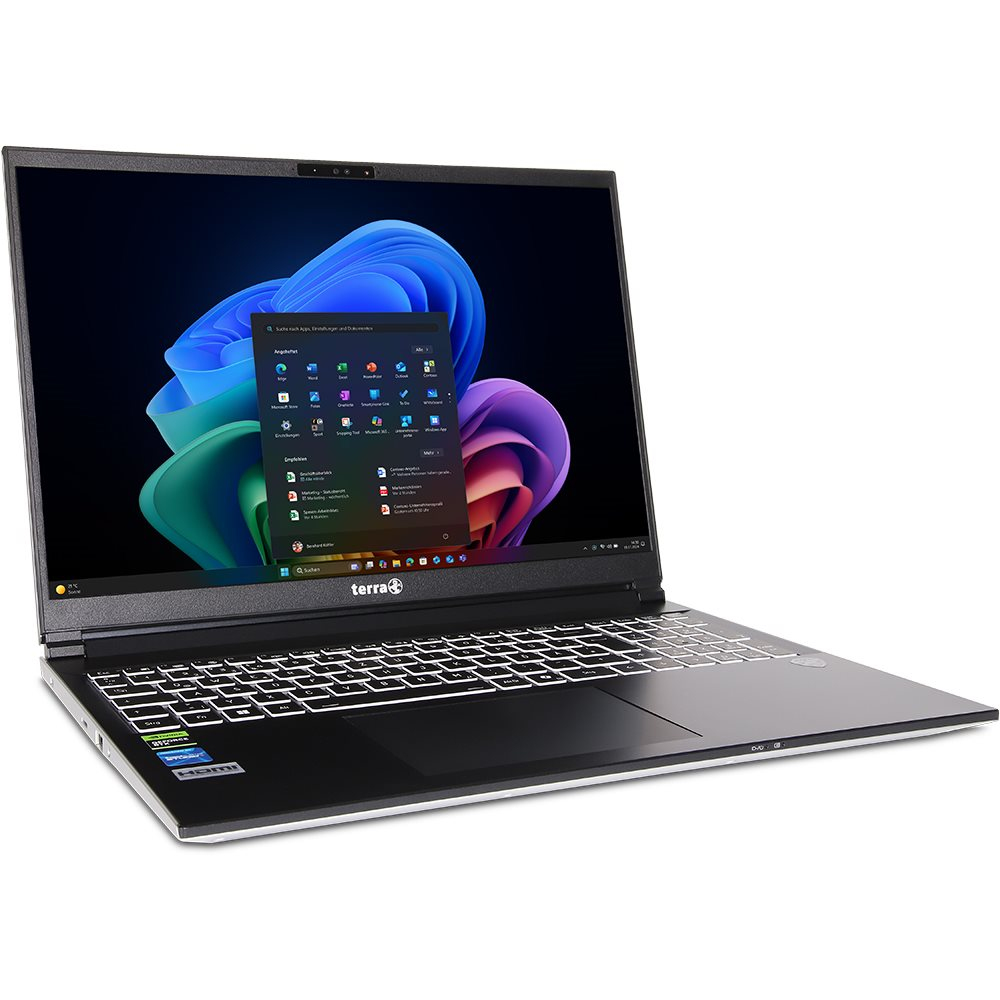 Ein schwarzer Terra Laptop mit beleuchteter Tastatur und Windows 11 Startmenü auf dem Bildschirm.