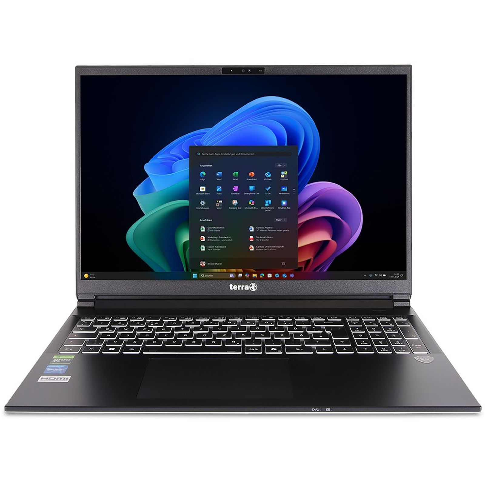 Ein schwarzes Laptop mit leuchtender Tastatur und einem bunten Windows-Bildschirm.