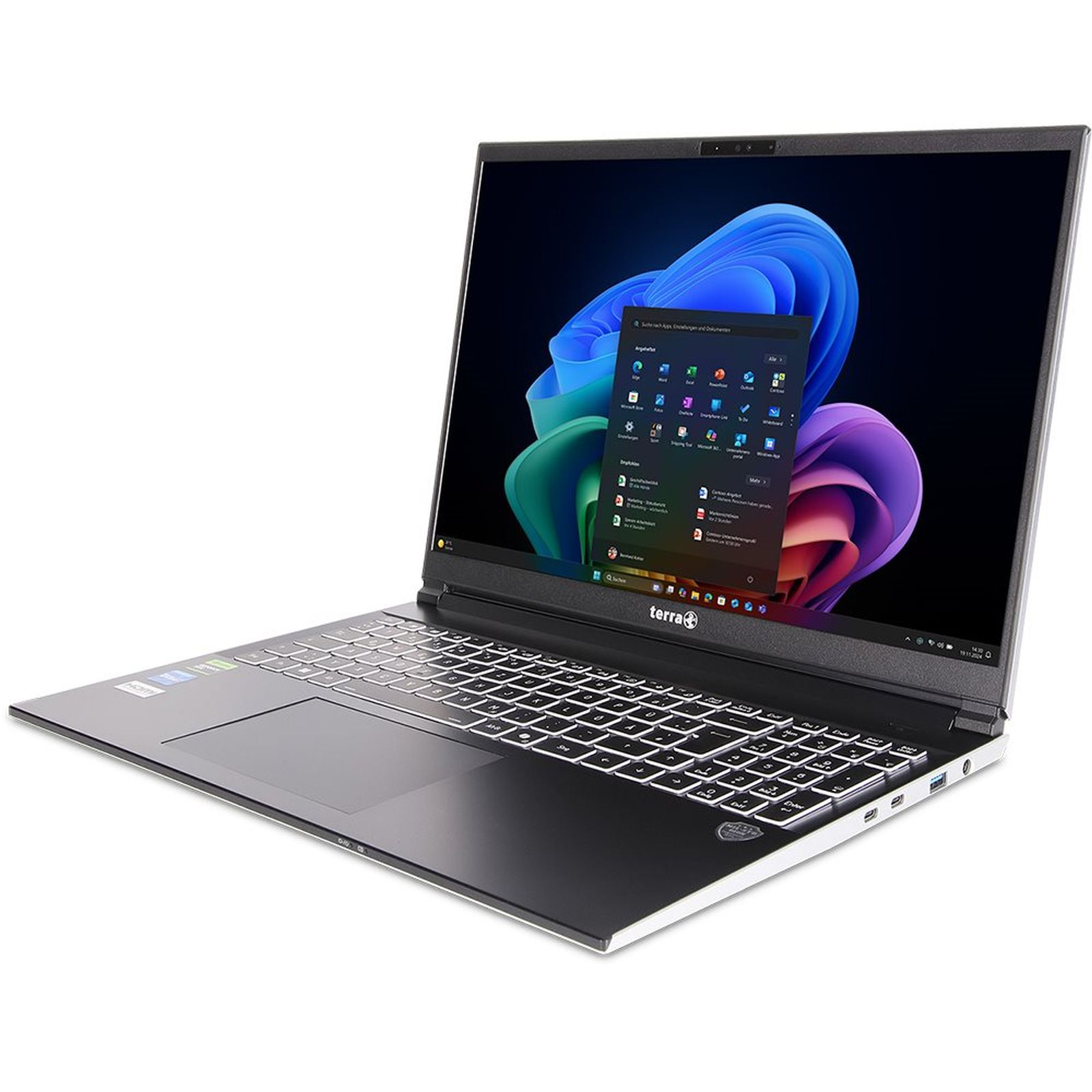 Ein offener schwarzer Terra-Laptop mit beleuchteter Tastatur und Windows-Desktop auf weißem Hintergrund.