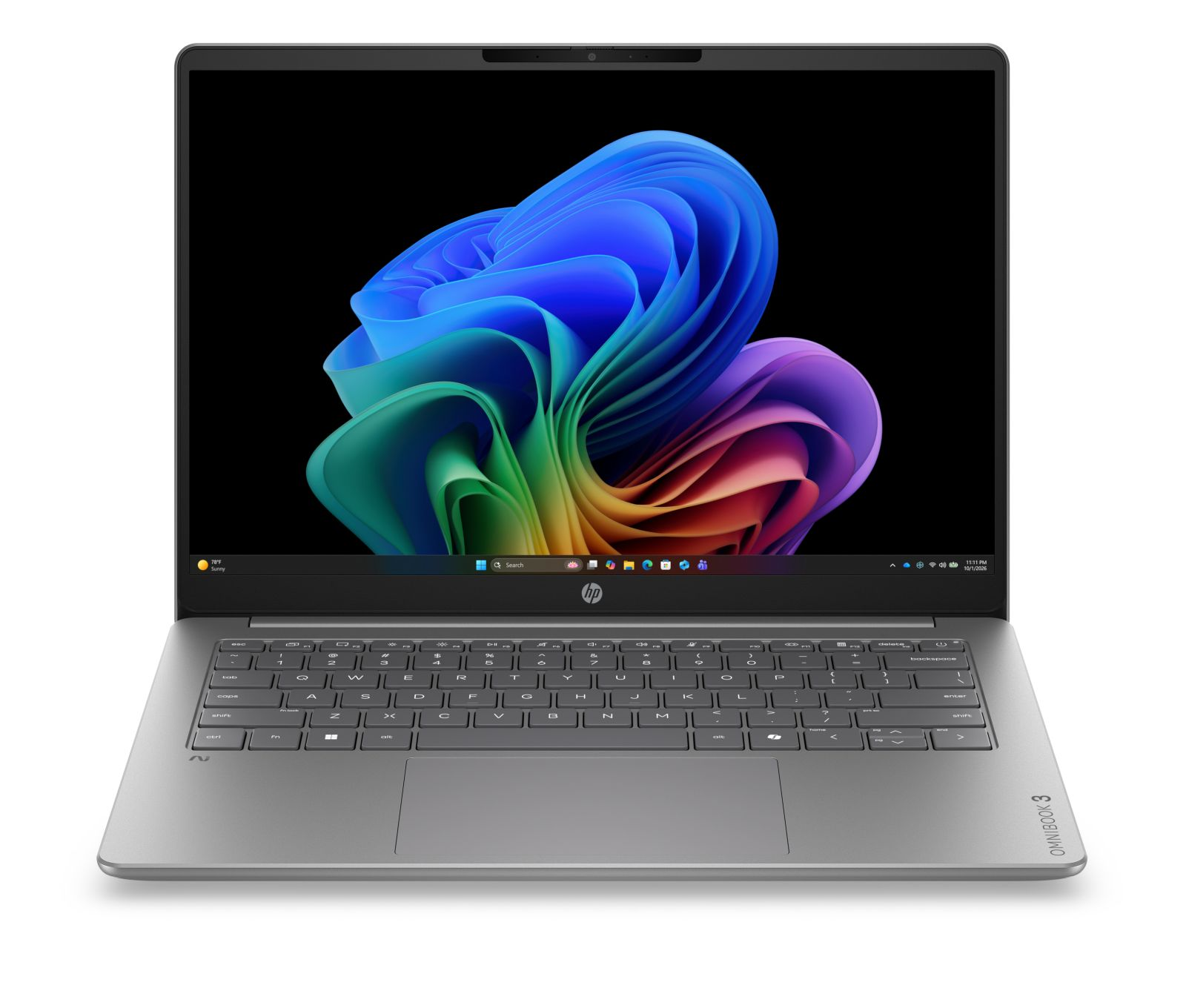 Ein silberner HP Laptop zeigt ein buntes, spiralförmiges Hintergrundbild auf dem Bildschirm.