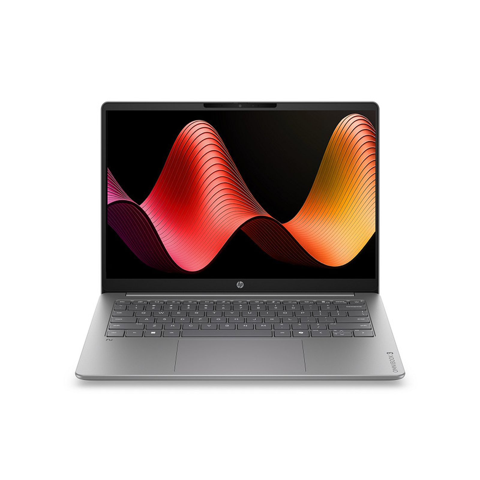 Ein grauer Laptop mit einer Tastatur und einem Bildschirm, der ein abstraktes rot-orangefarbenes Wellenmuster zeigt.